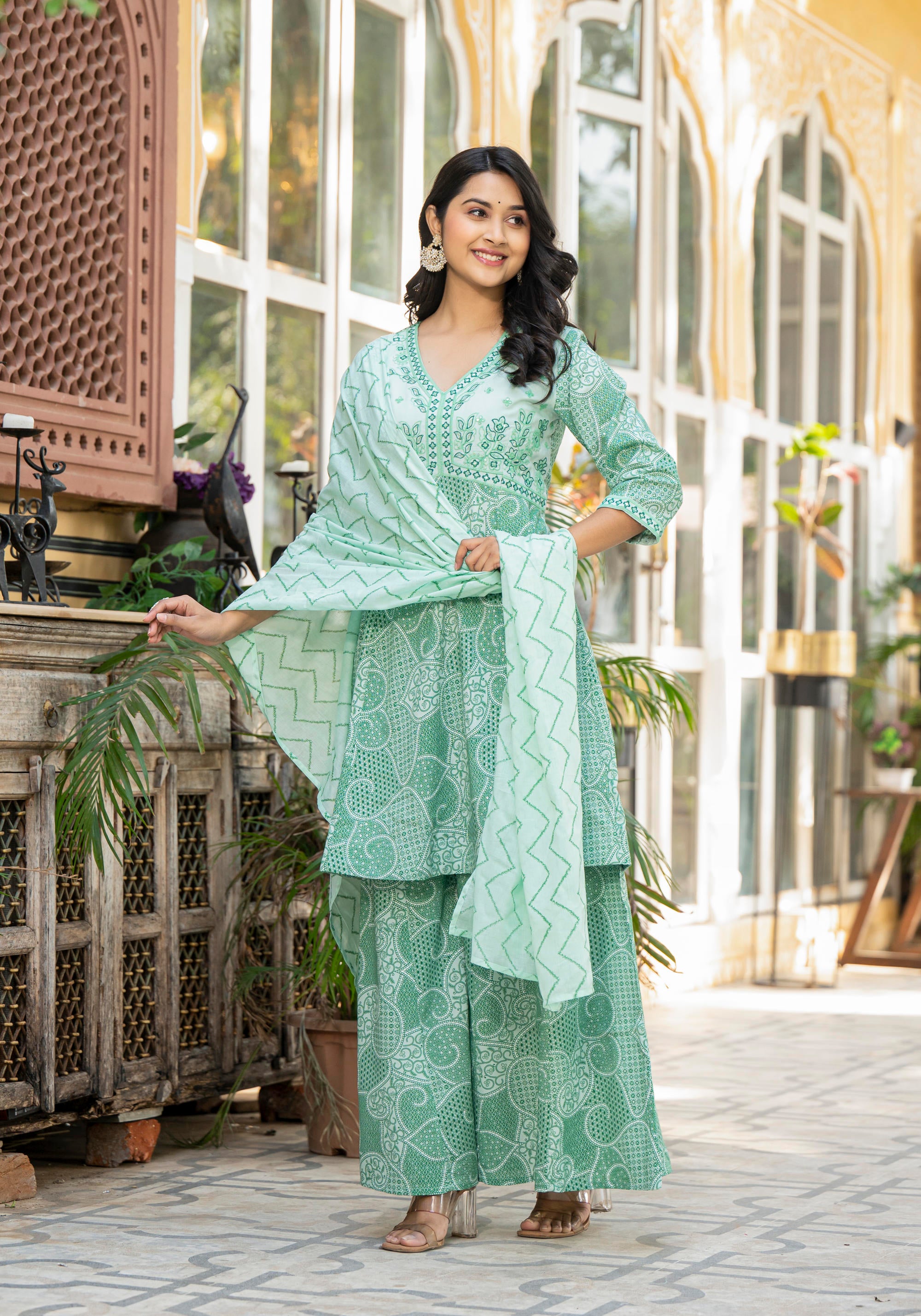 Green Ethnic Motif Printed Viscose Kurta Palazzo And Dupatta Set With Thread Work & Sequins