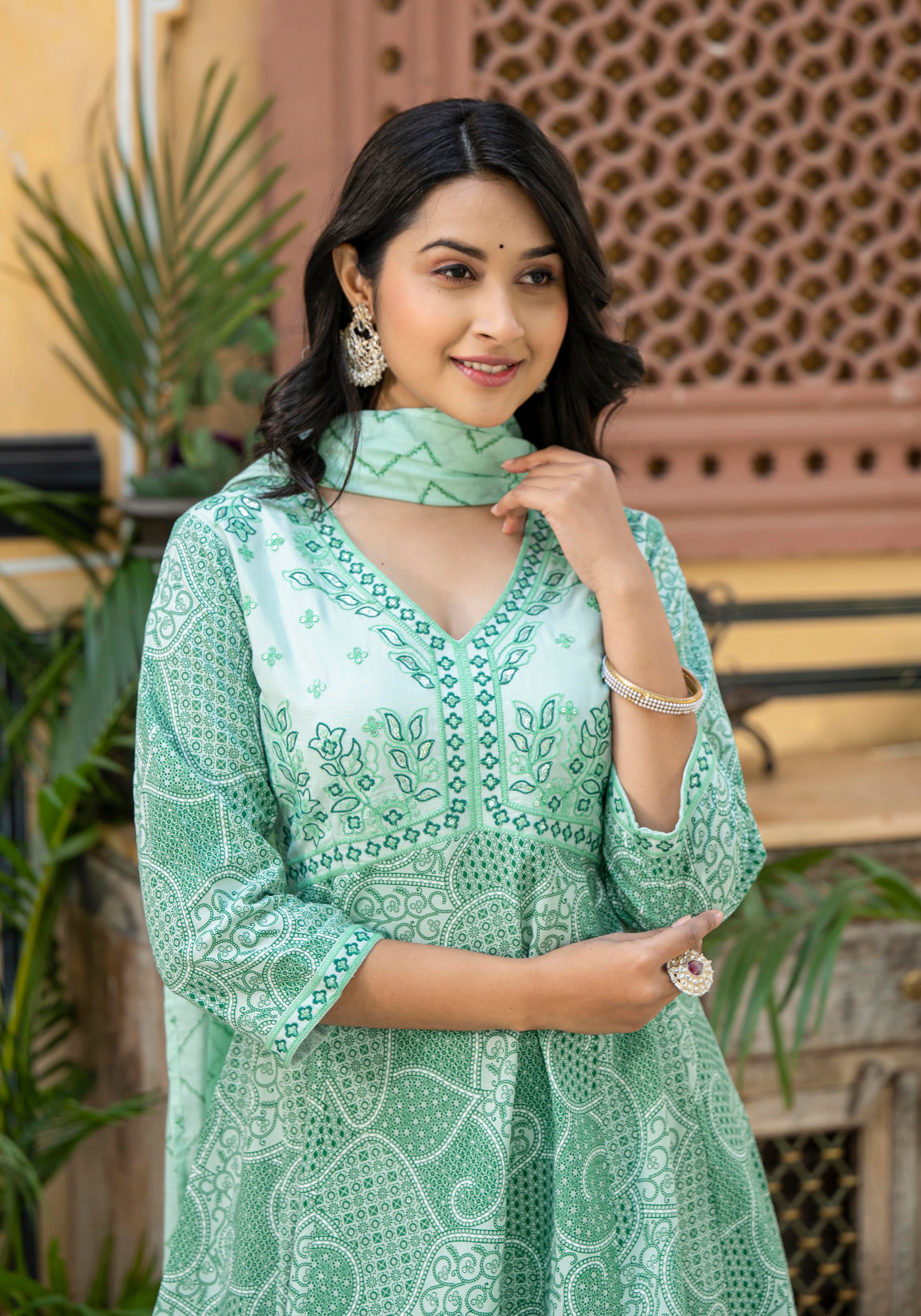 Green Ethnic Motif Printed Viscose Kurta Palazzo And Dupatta Set With Thread Work & Sequins