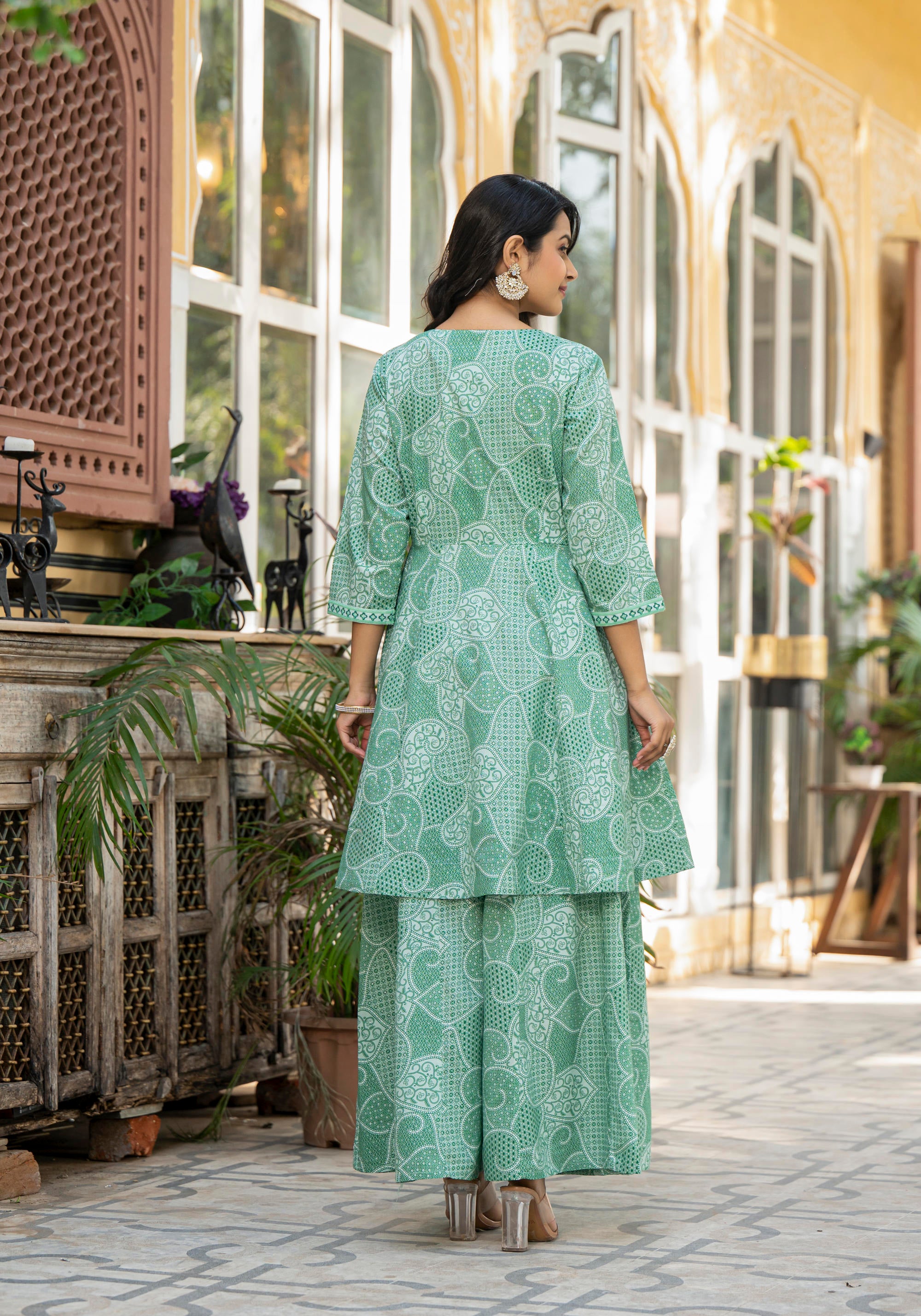 Green Ethnic Motif Printed Viscose Kurta Palazzo And Dupatta Set With Thread Work & Sequins