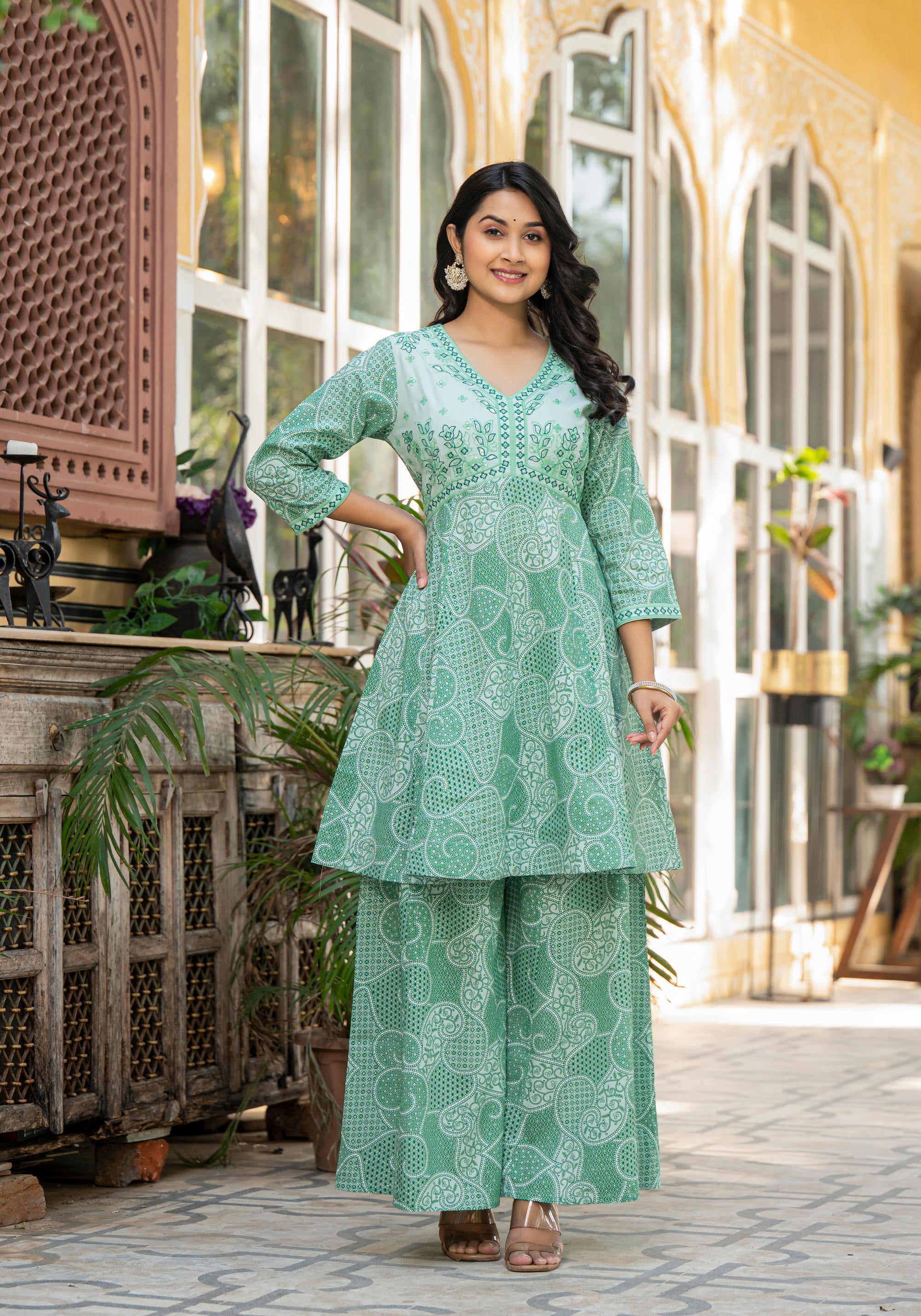 Green Ethnic Motif Printed Viscose Kurta Palazzo And Dupatta Set With Thread Work & Sequins
