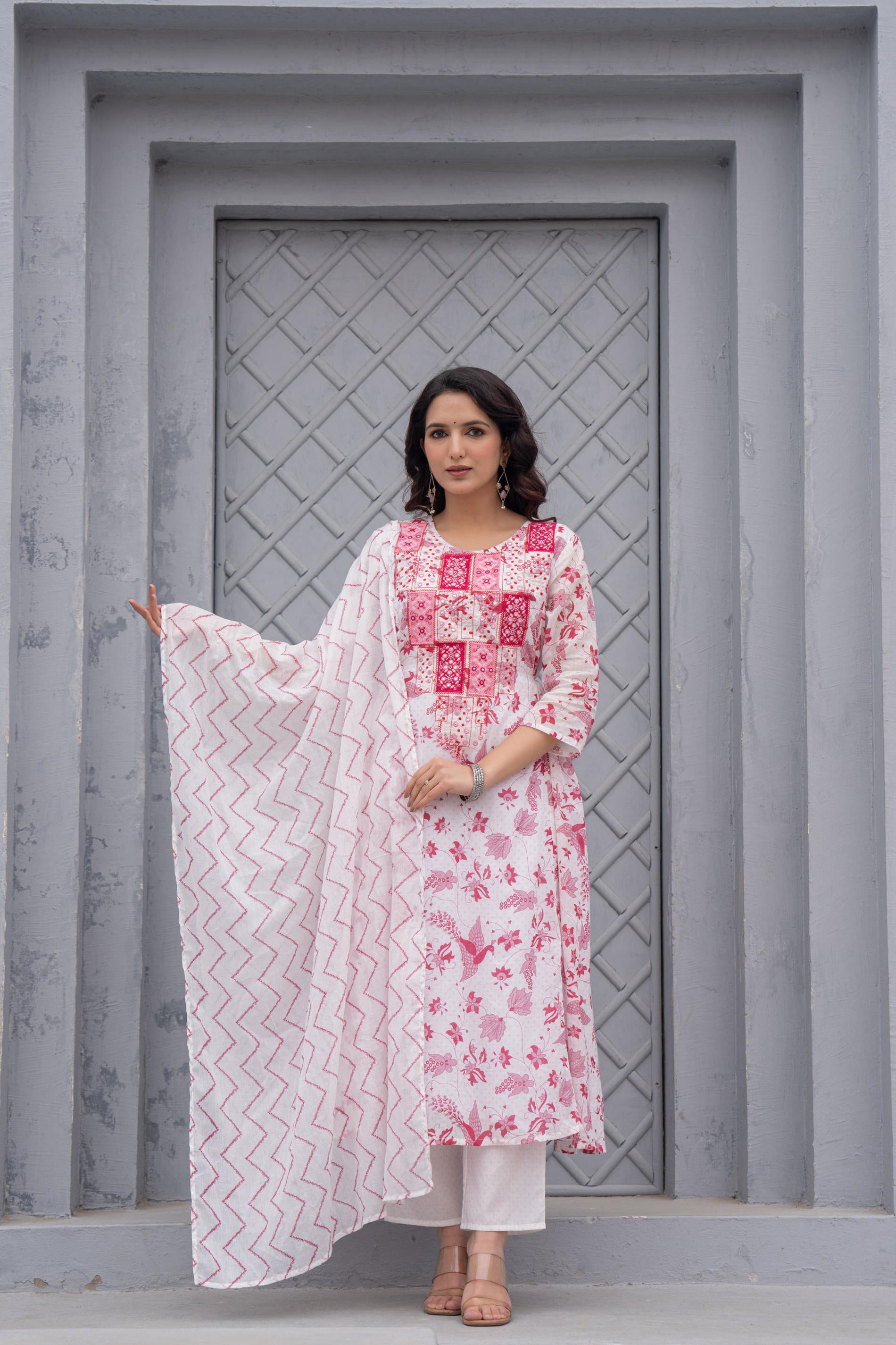 White & Pink Floral Printed Cotton Kurta Set With Thread & Mirror Work