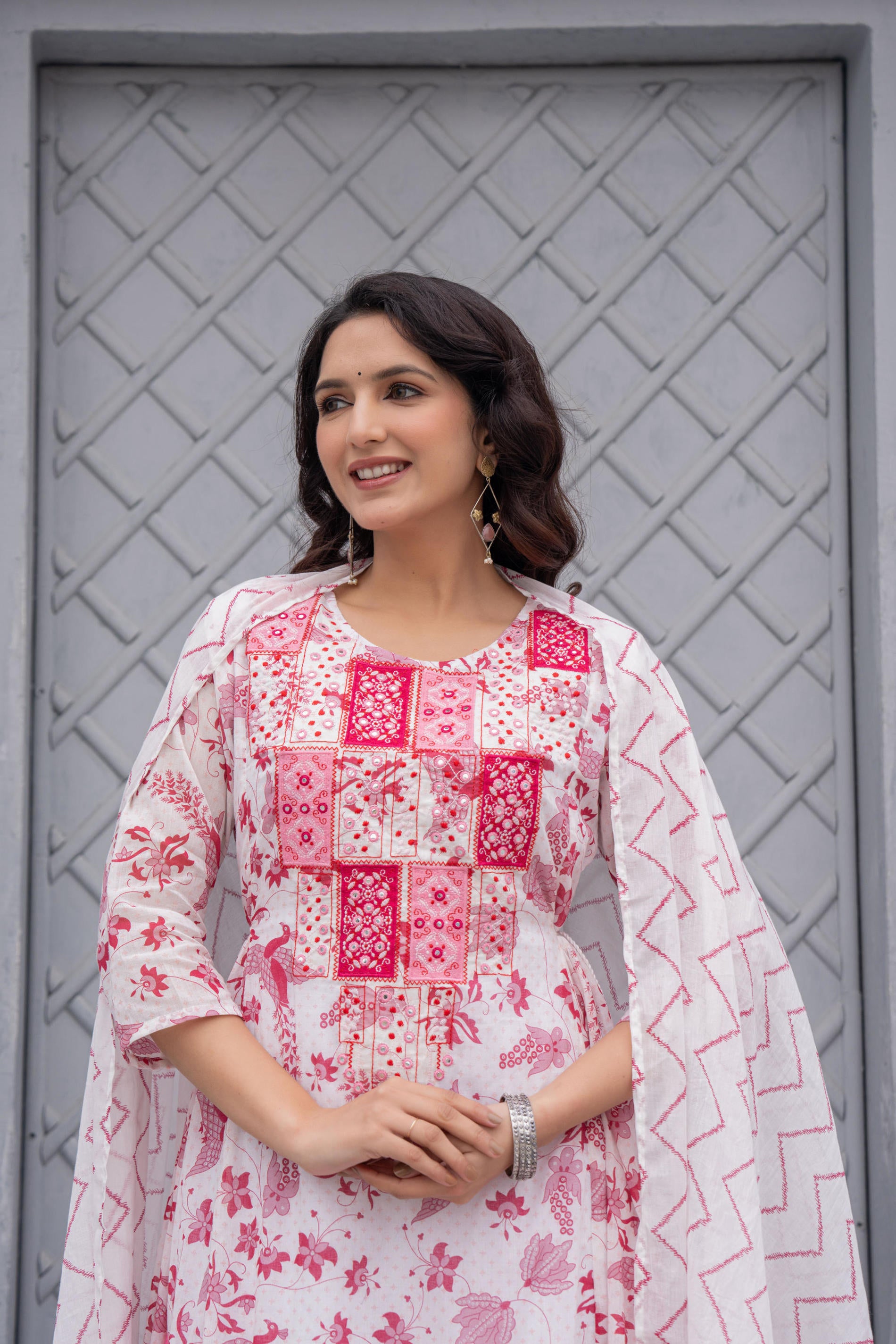White & Pink Floral Printed Cotton Kurta Set With Thread & Mirror Work