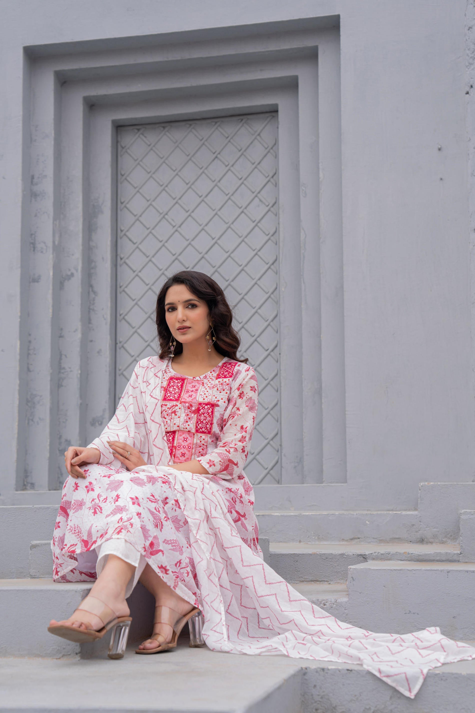 White & Pink Floral Printed Cotton Kurta Set With Thread & Mirror Work