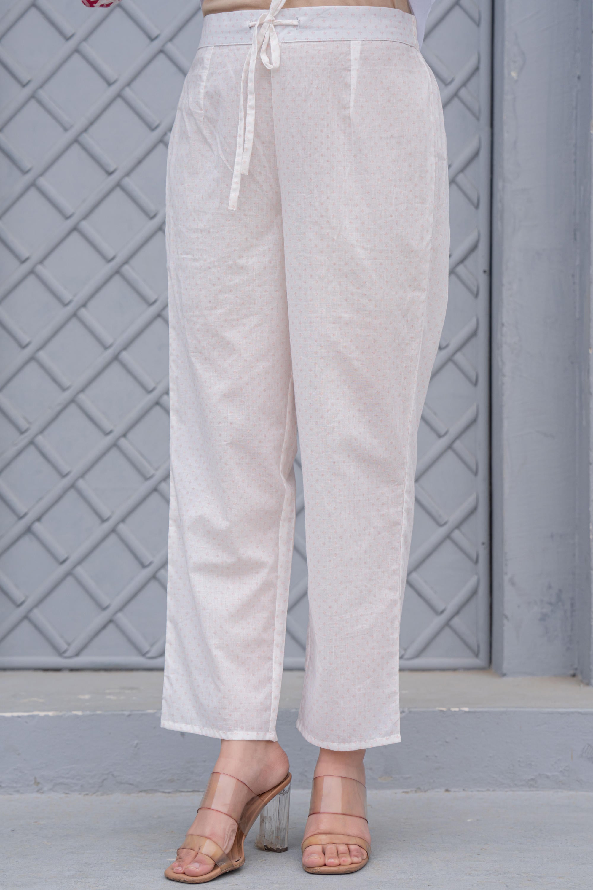 White & Pink Floral Printed Cotton Kurta Set With Thread & Mirror Work