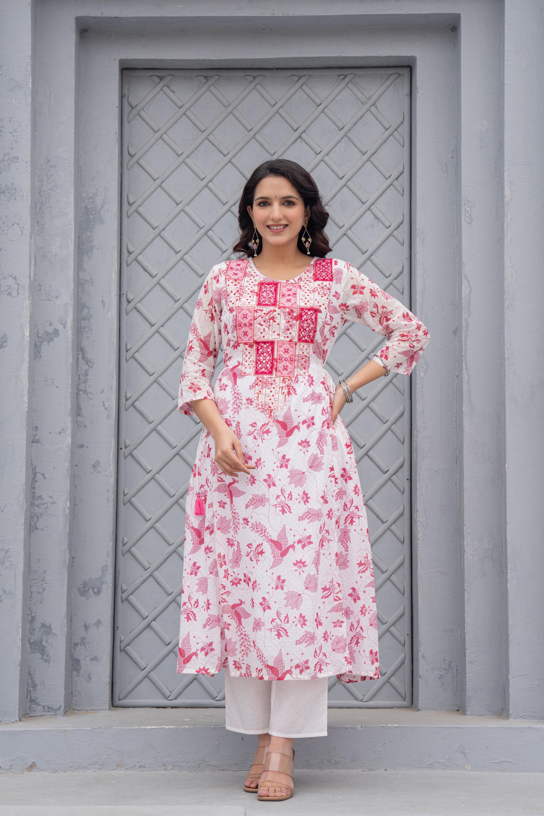 White & Pink Floral Printed Cotton Kurta Set With Thread & Mirror Work