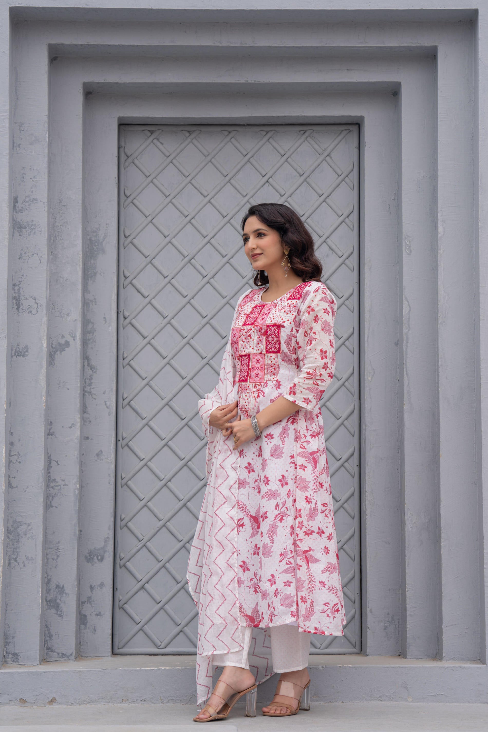 White & Pink Floral Printed Cotton Kurta Set With Thread & Mirror Work
