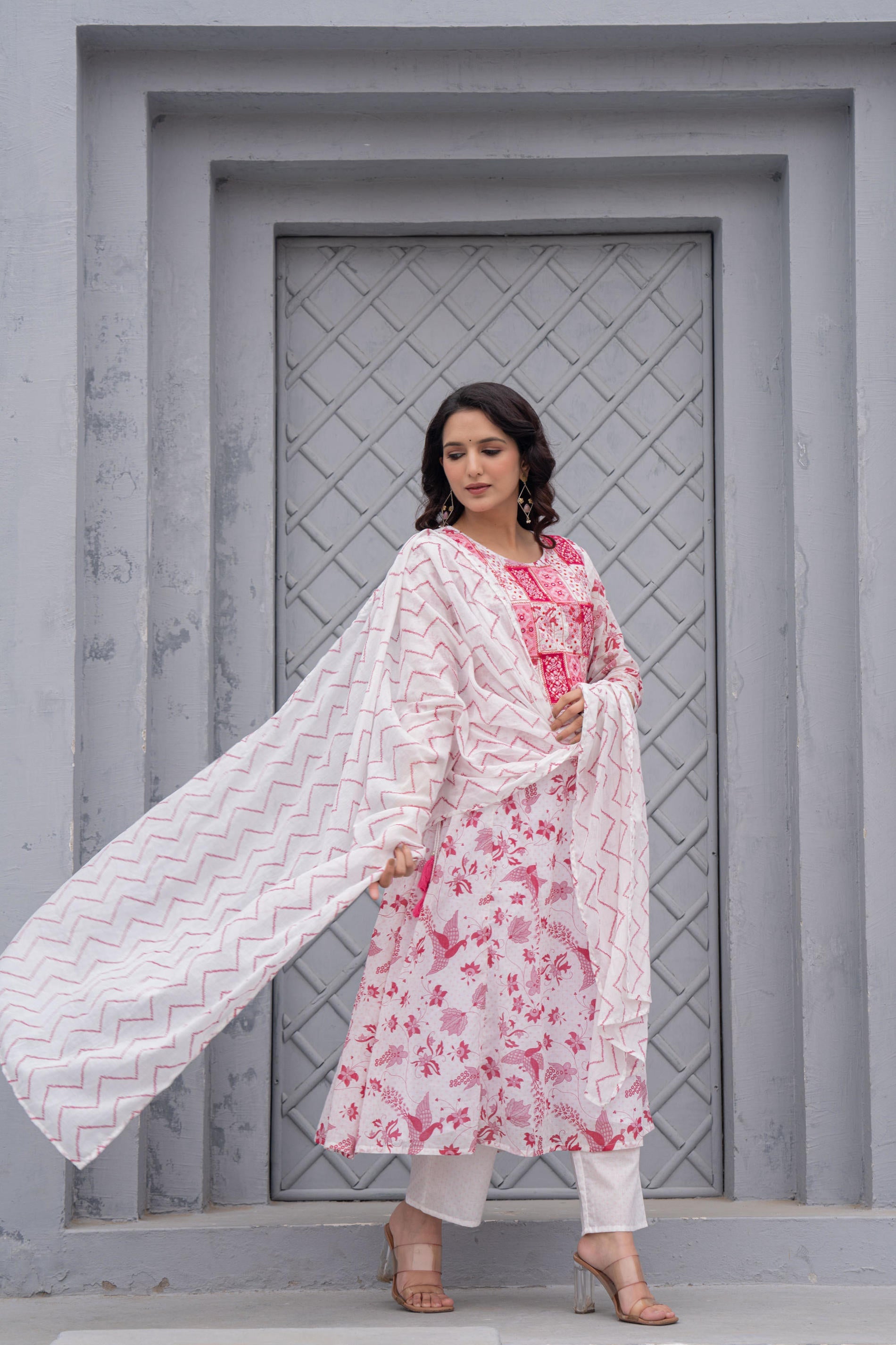 White & Pink Floral Printed Cotton Kurta Set With Thread & Mirror Work