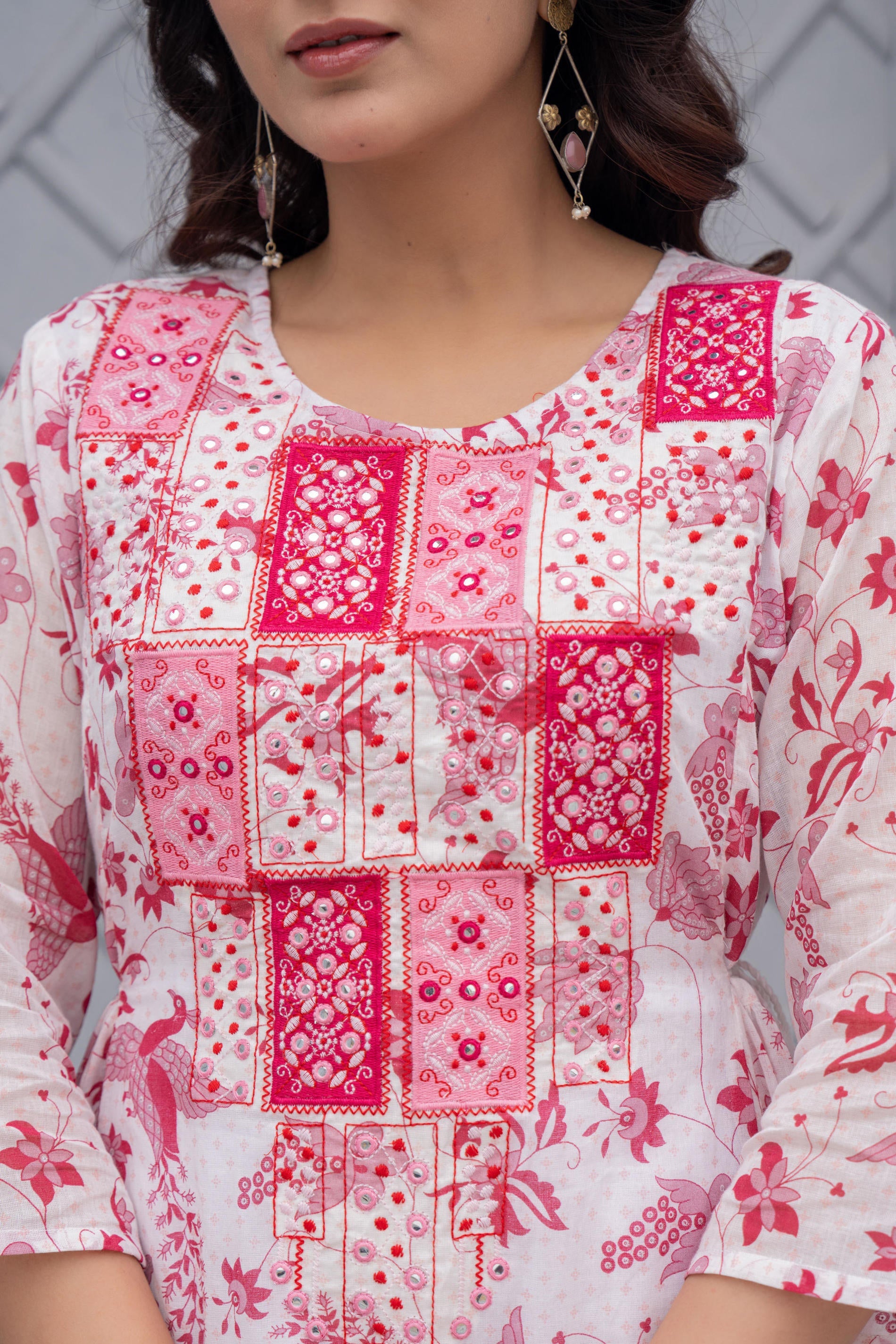 White & Pink Floral Printed Cotton Kurta Set With Thread & Mirror Work