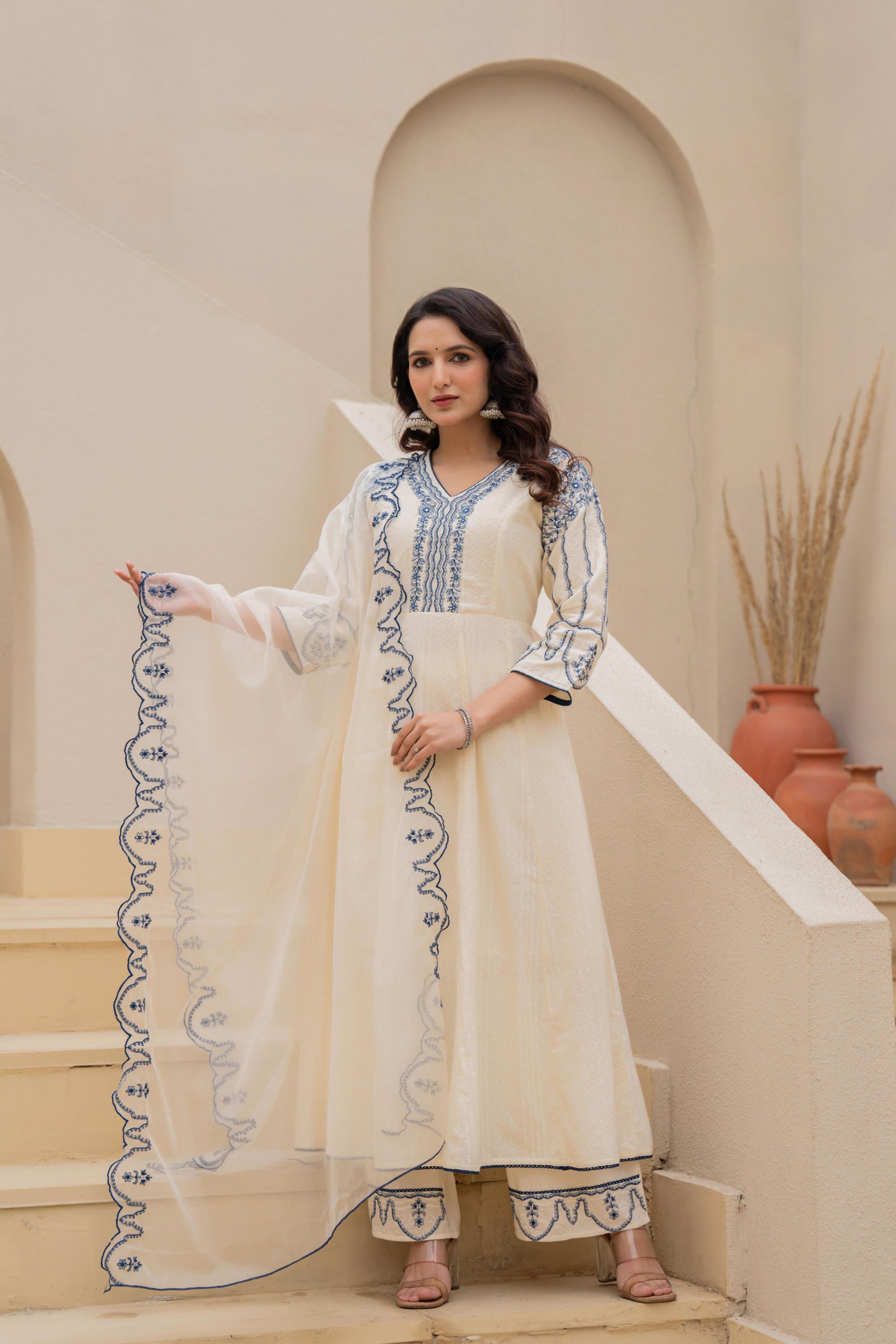 Off-white Anarkali Kurta Set with Blue Embroidery and Organza Dupatta