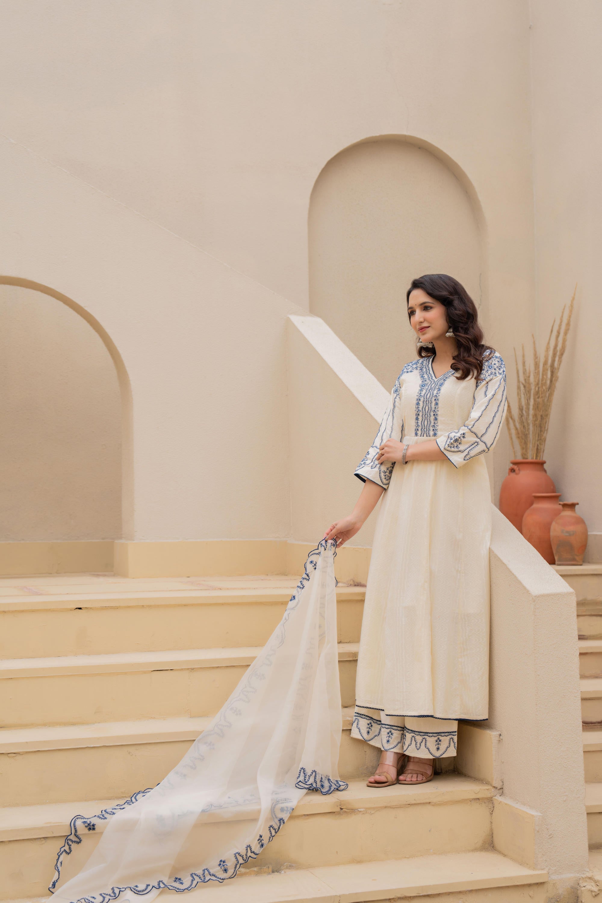 Off-white Anarkali Kurta Set with Blue Embroidery and Organza Dupatta