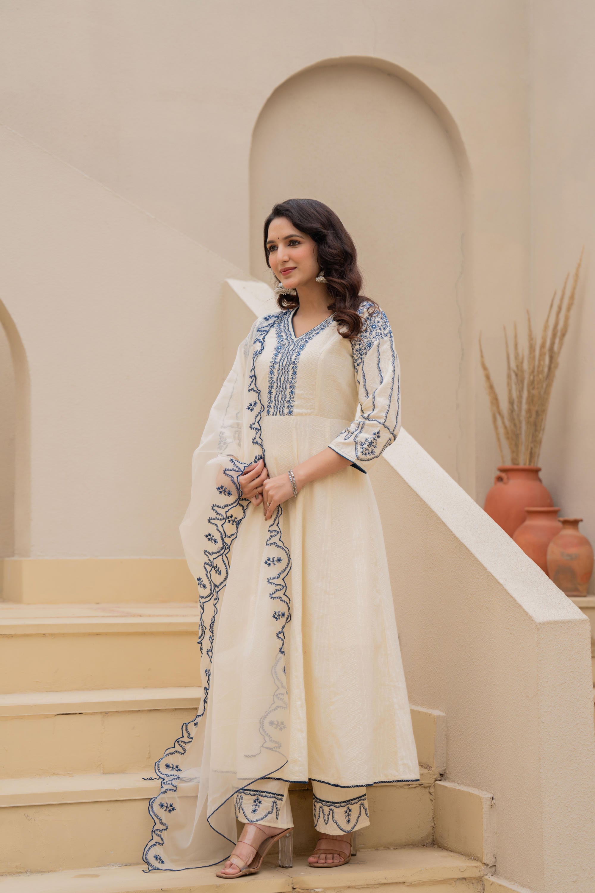 Off-white Anarkali Kurta Set with Blue Embroidery and Organza Dupatta