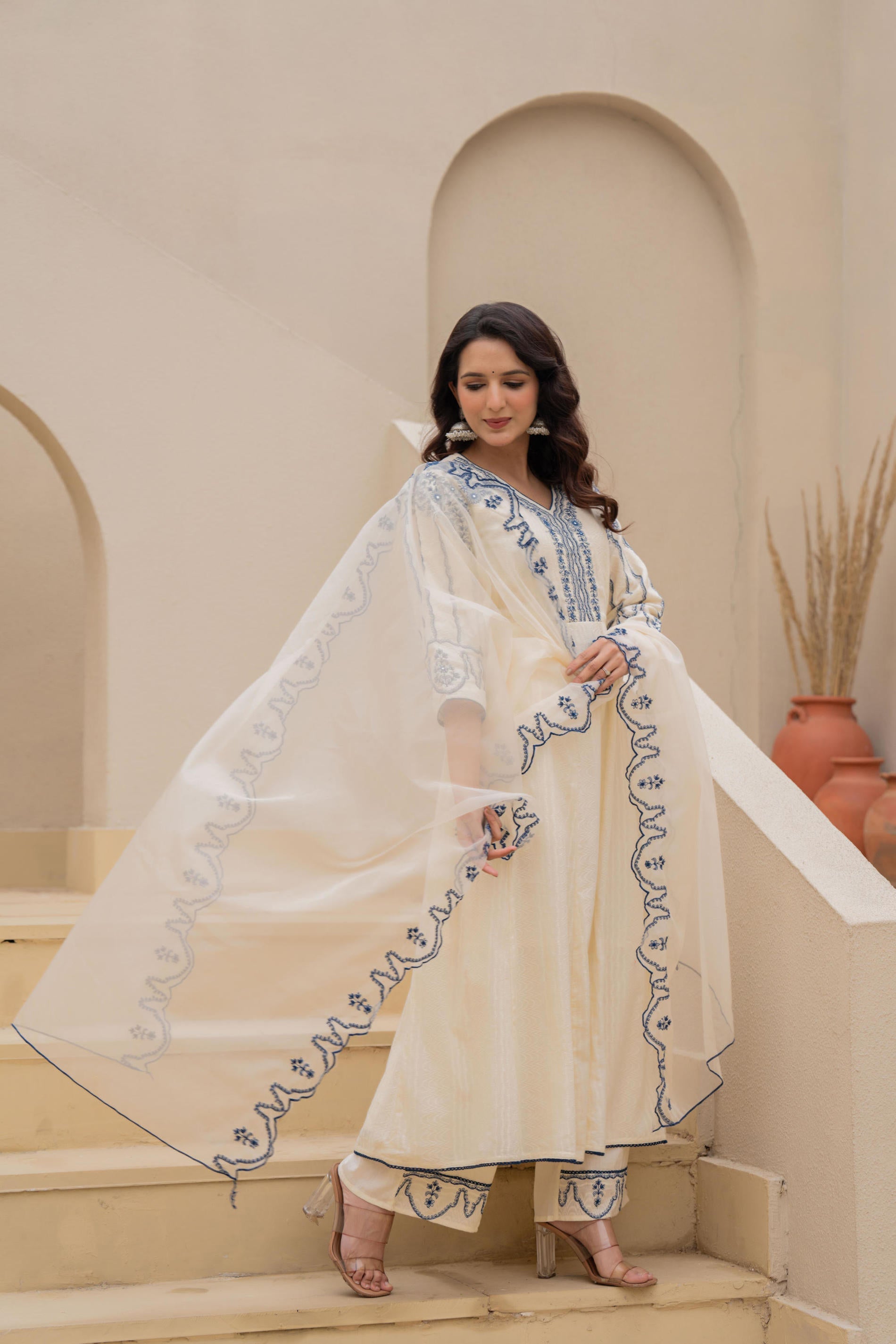 Off-white Anarkali Kurta Set with Blue Embroidery and Organza Dupatta