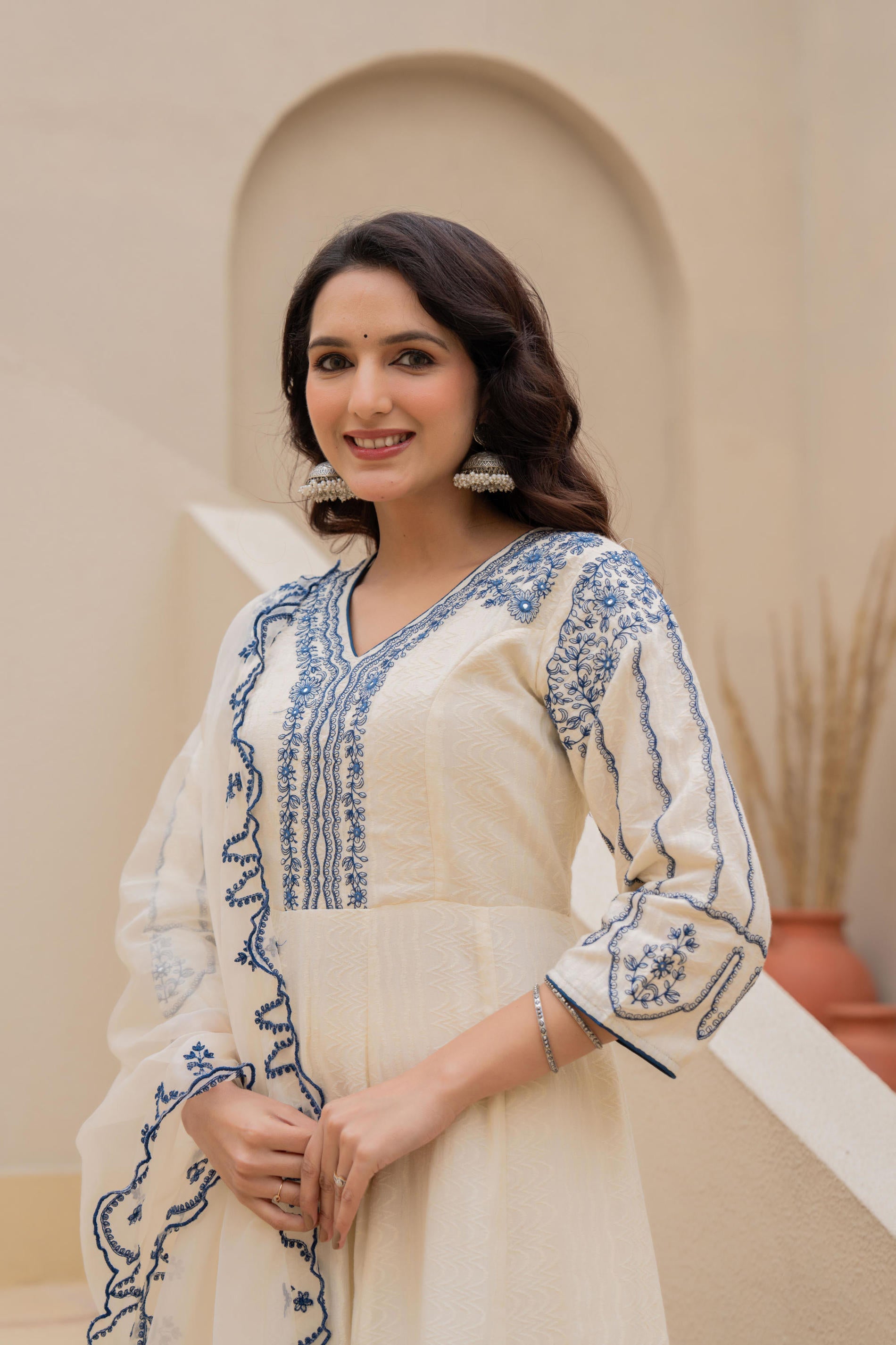 Off-white Anarkali Kurta Set with Blue Embroidery and Organza Dupatta