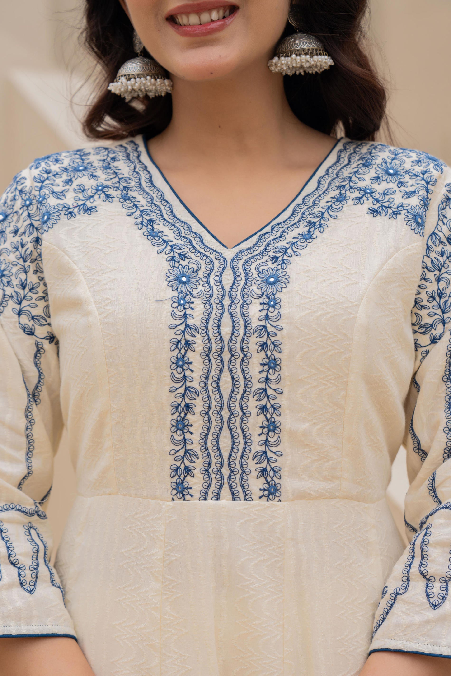 Off-white Anarkali Kurta Set with Blue Embroidery and Organza Dupatta