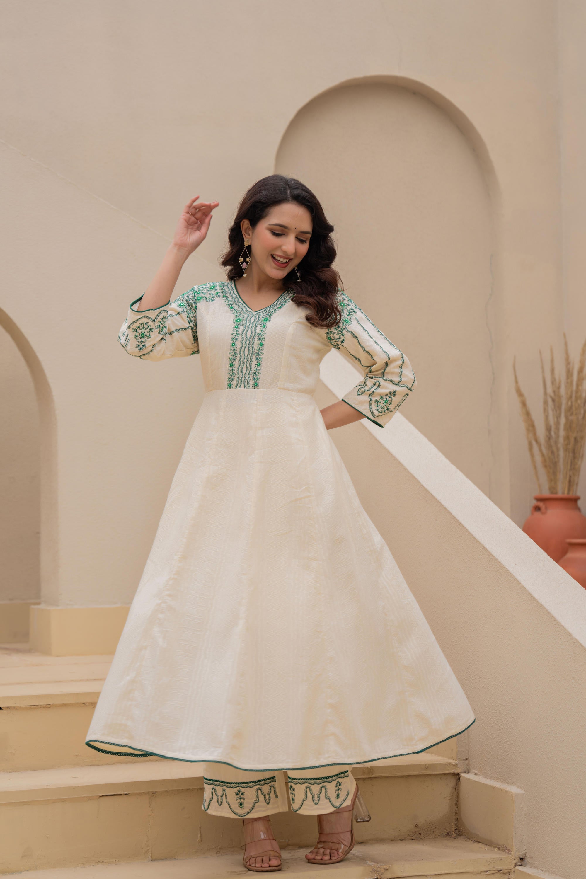 Off-white Anarkali Kurta Set with Green Embroidery and Organza Dupatta
