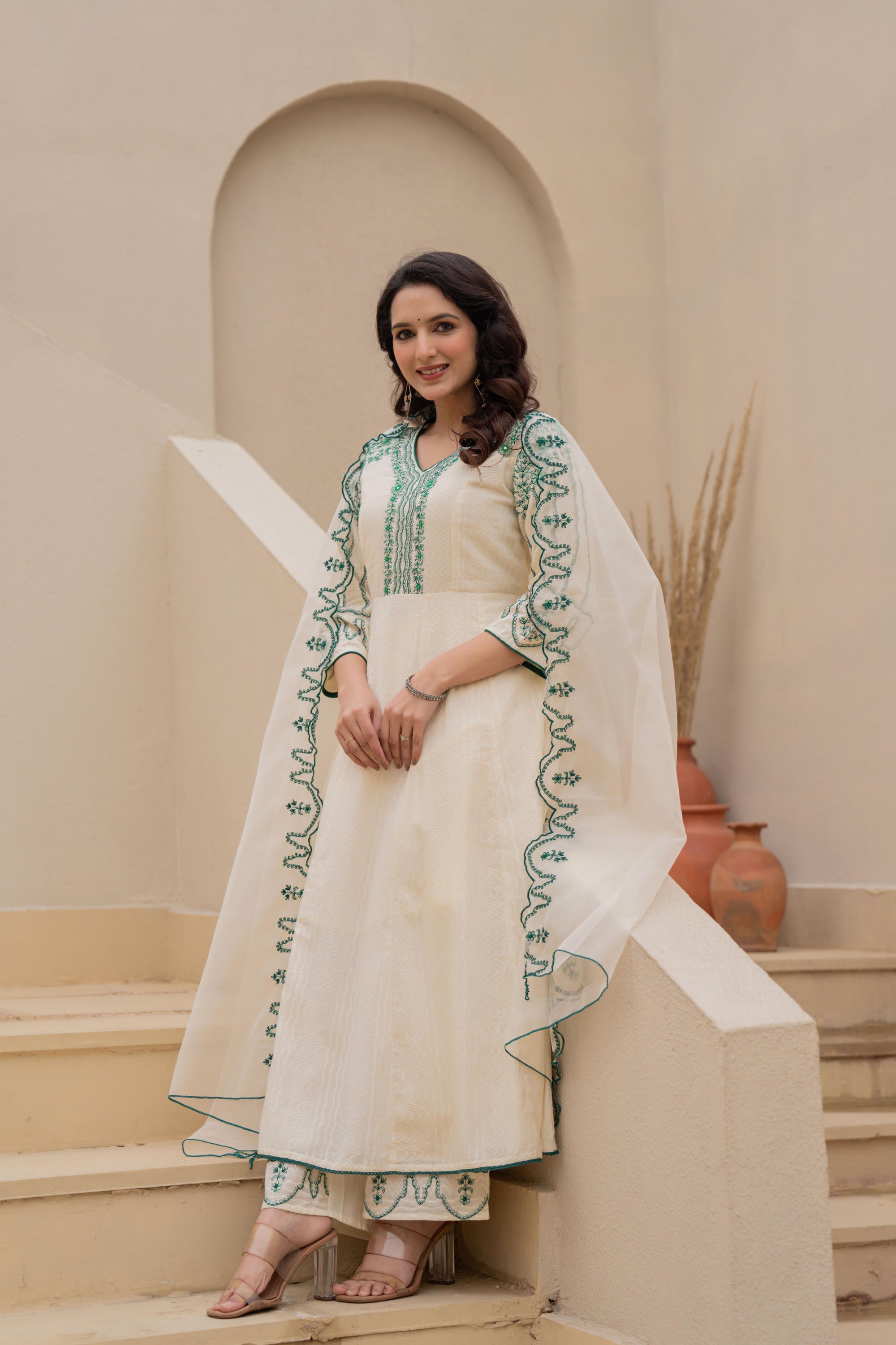 Off-white Anarkali Kurta Set with Green Embroidery and Organza Dupatta