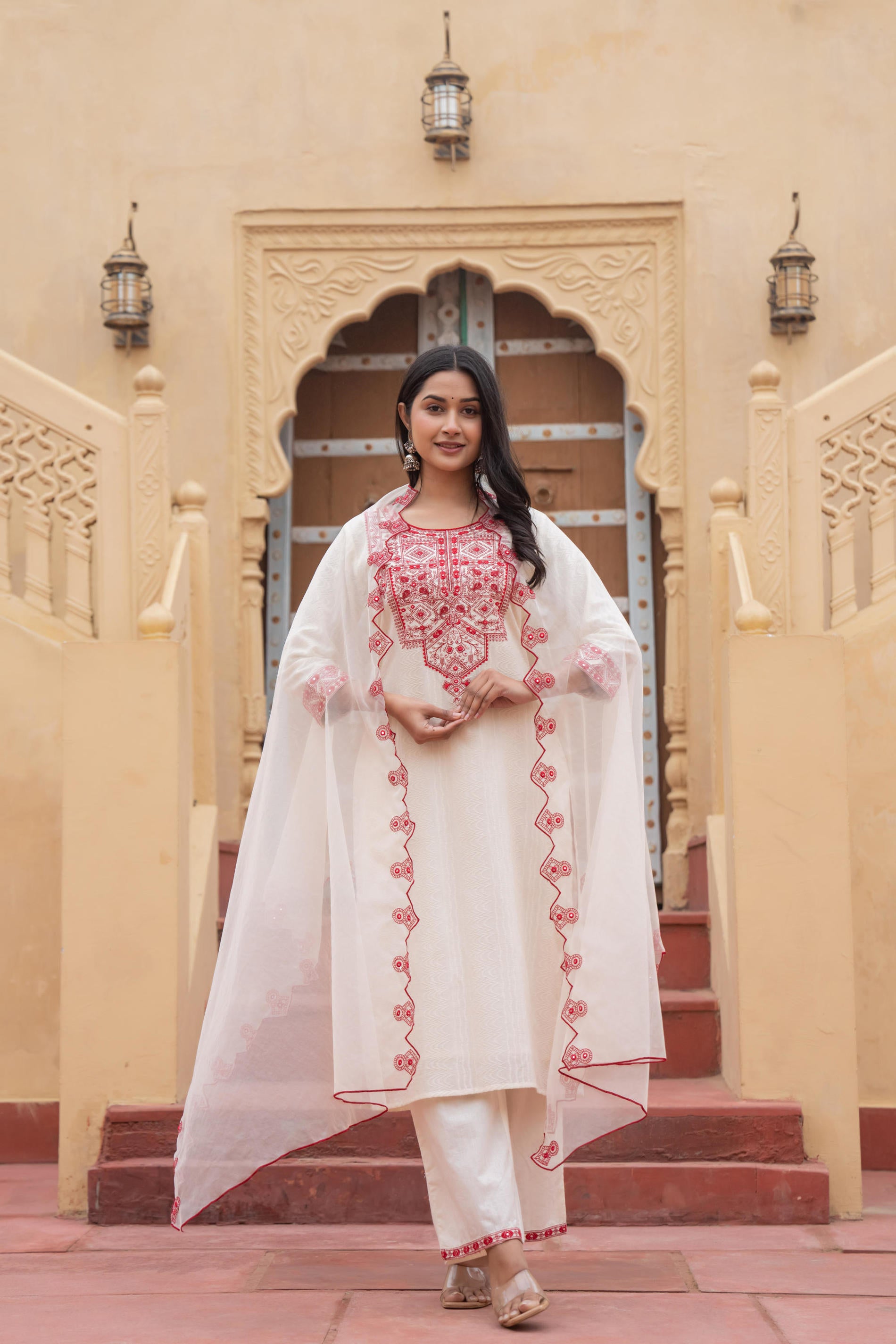 Off White & Red Solid Cotton Kurta & Pant Set With Dupatta