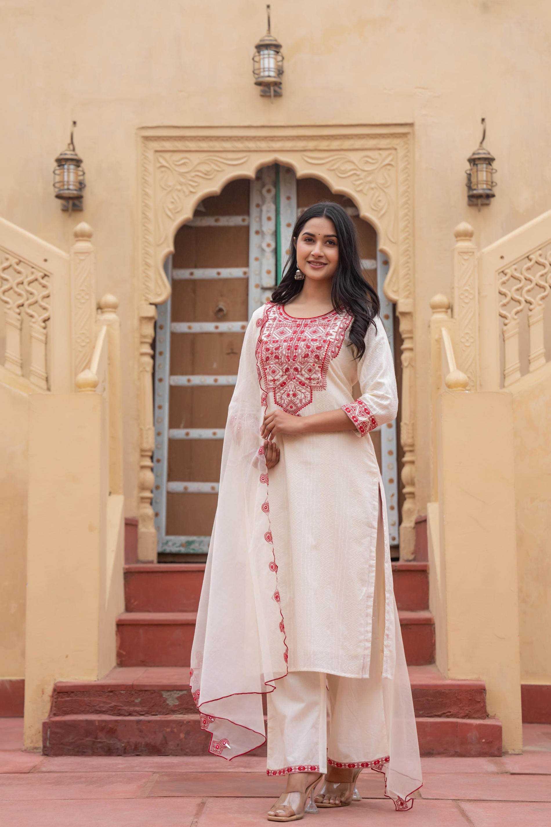 Off White & Red Solid Cotton Kurta & Pant Set With Dupatta