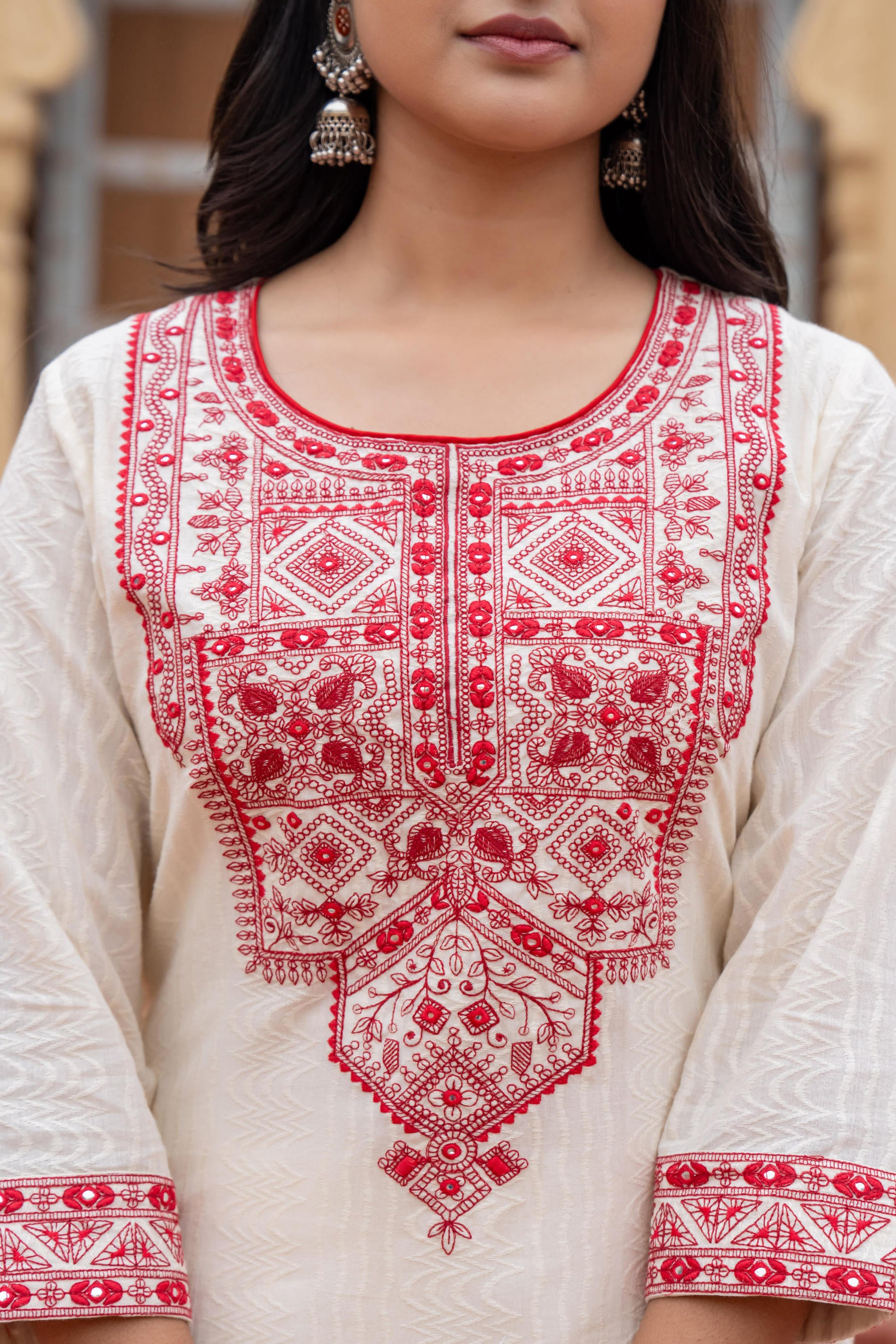 Off White & Red Solid Cotton Kurta & Pant Set With Dupatta