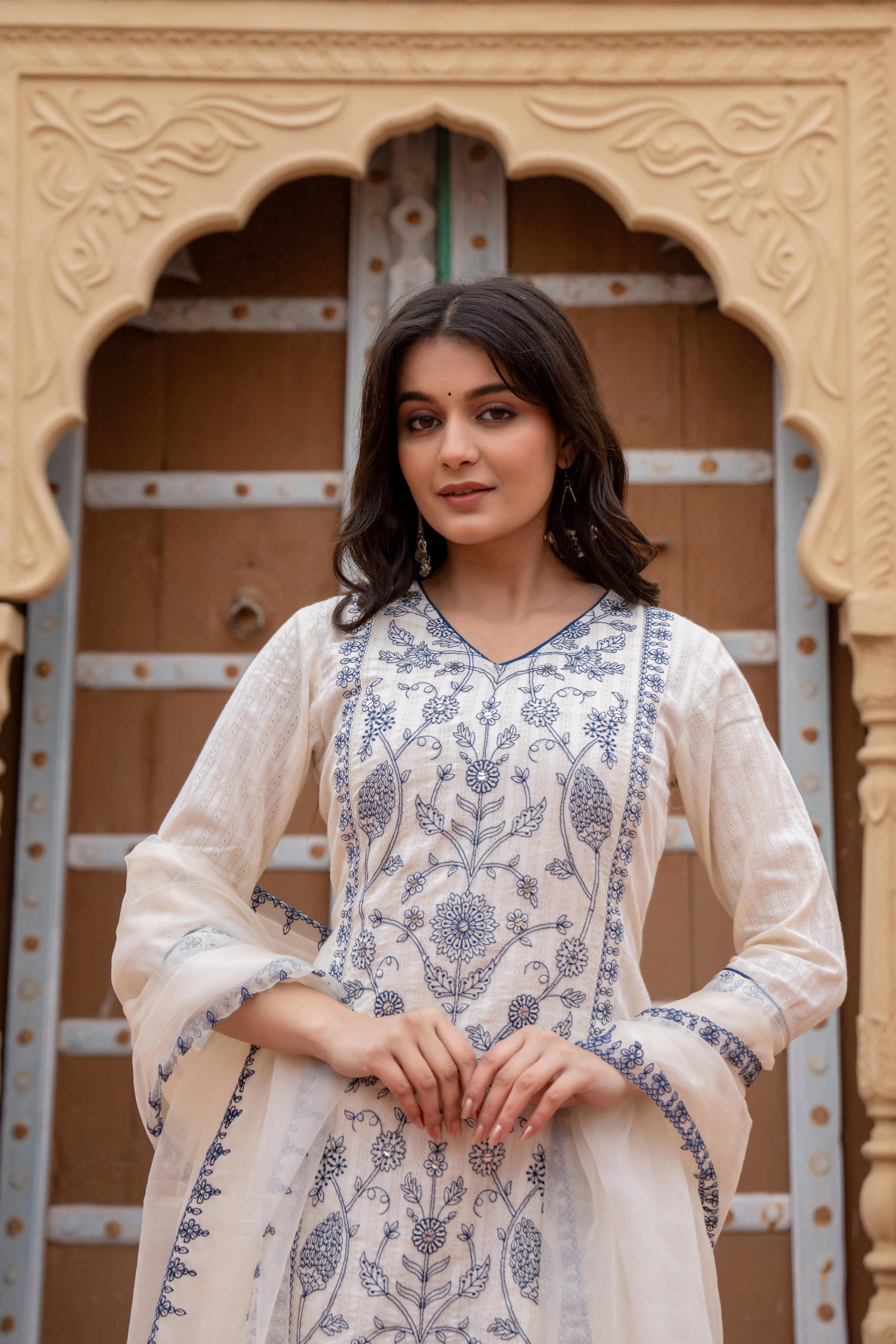 Off White & Indigo Blue Floral Embroidered Ethnic Suit Set with Dupatta