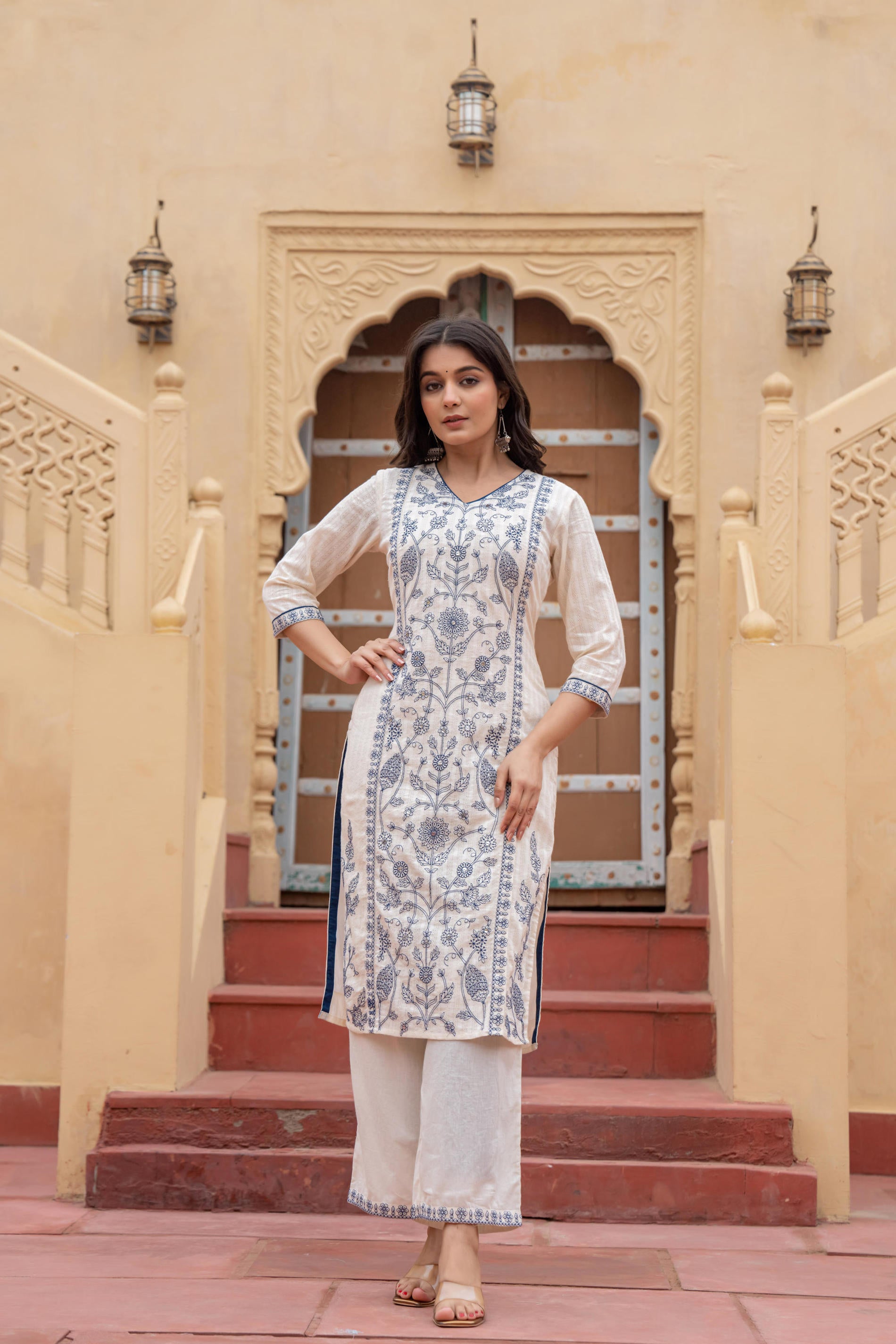 Off White & Indigo Blue Floral Embroidered Ethnic Suit Set with Dupatta