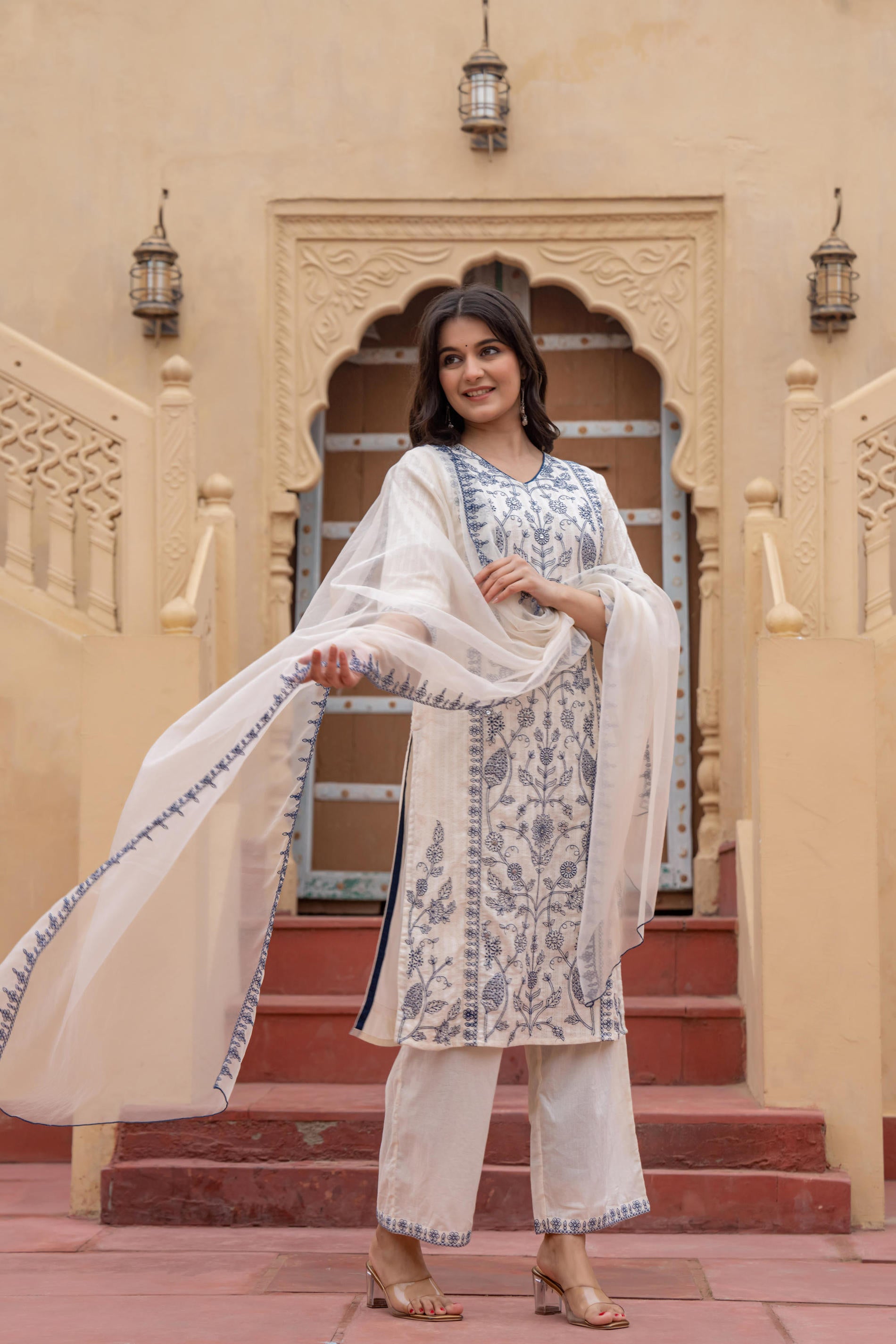 Off White & Indigo Blue Floral Embroidered Ethnic Suit Set with Dupatta