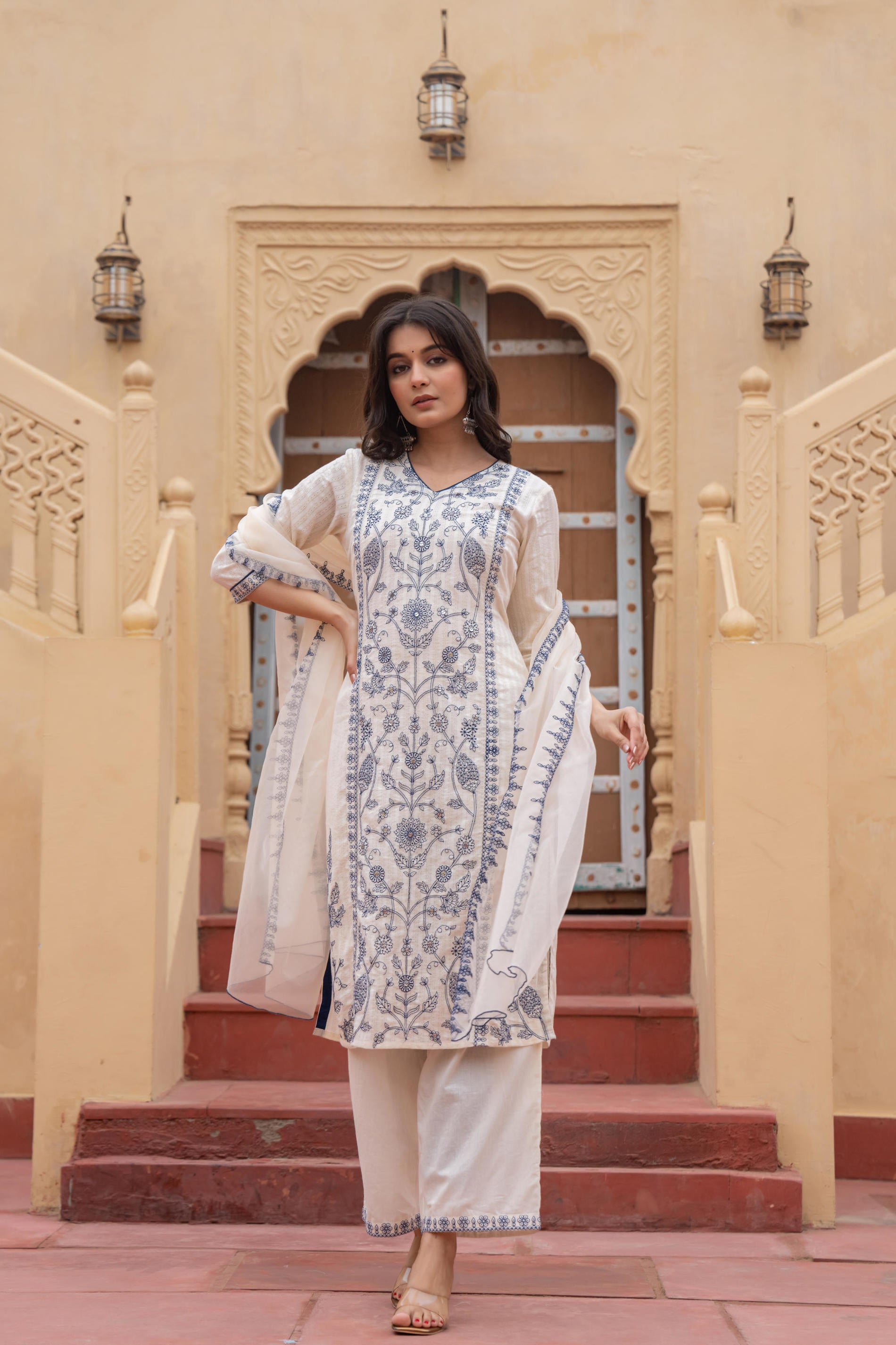 Off White & Indigo Blue Floral Embroidered Ethnic Suit Set with Dupatta