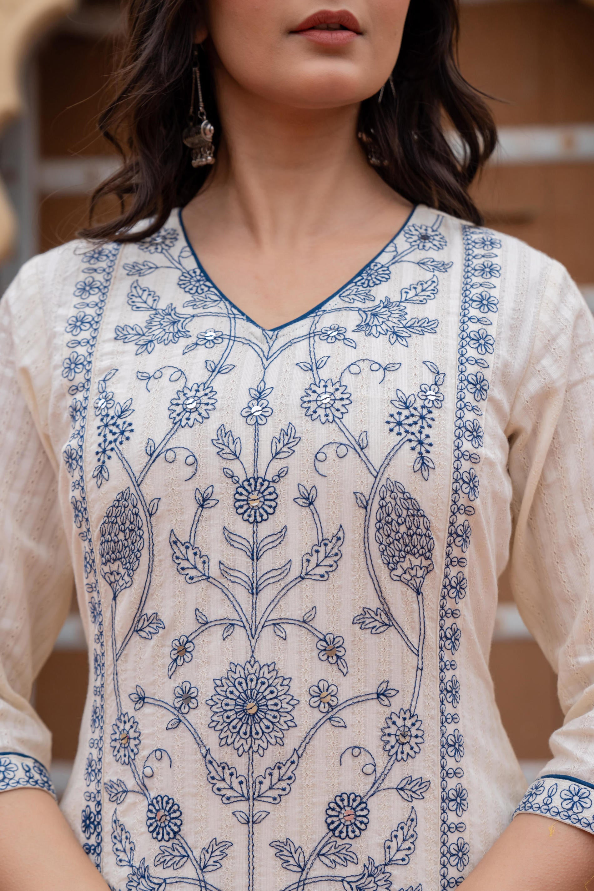 Off White & Indigo Blue Floral Embroidered Ethnic Suit Set with Dupatta