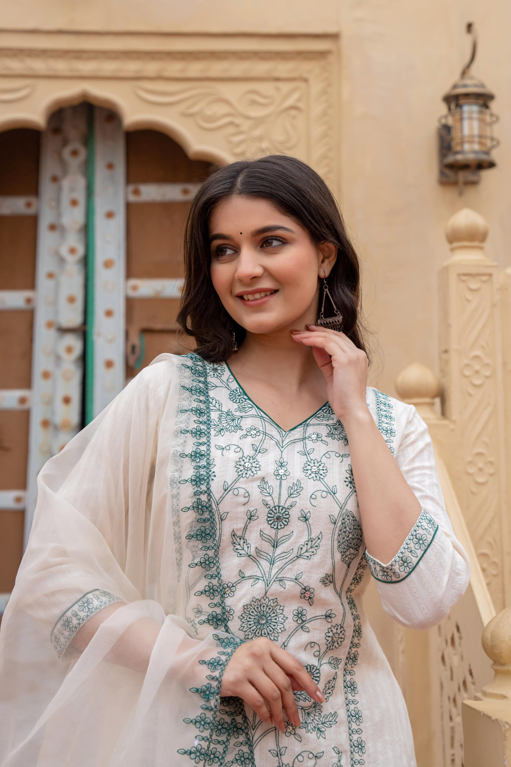 Off White & Green Floral Embroidered Ethnic Suit Set with Dupatta