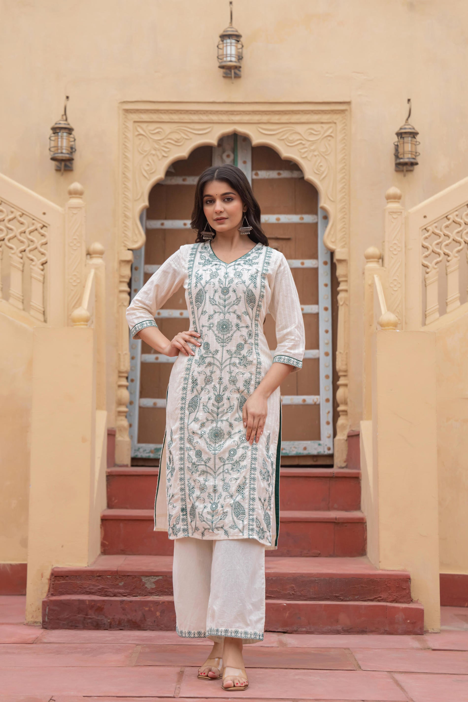 Off White & Green Floral Embroidered Ethnic Suit Set with Dupatta