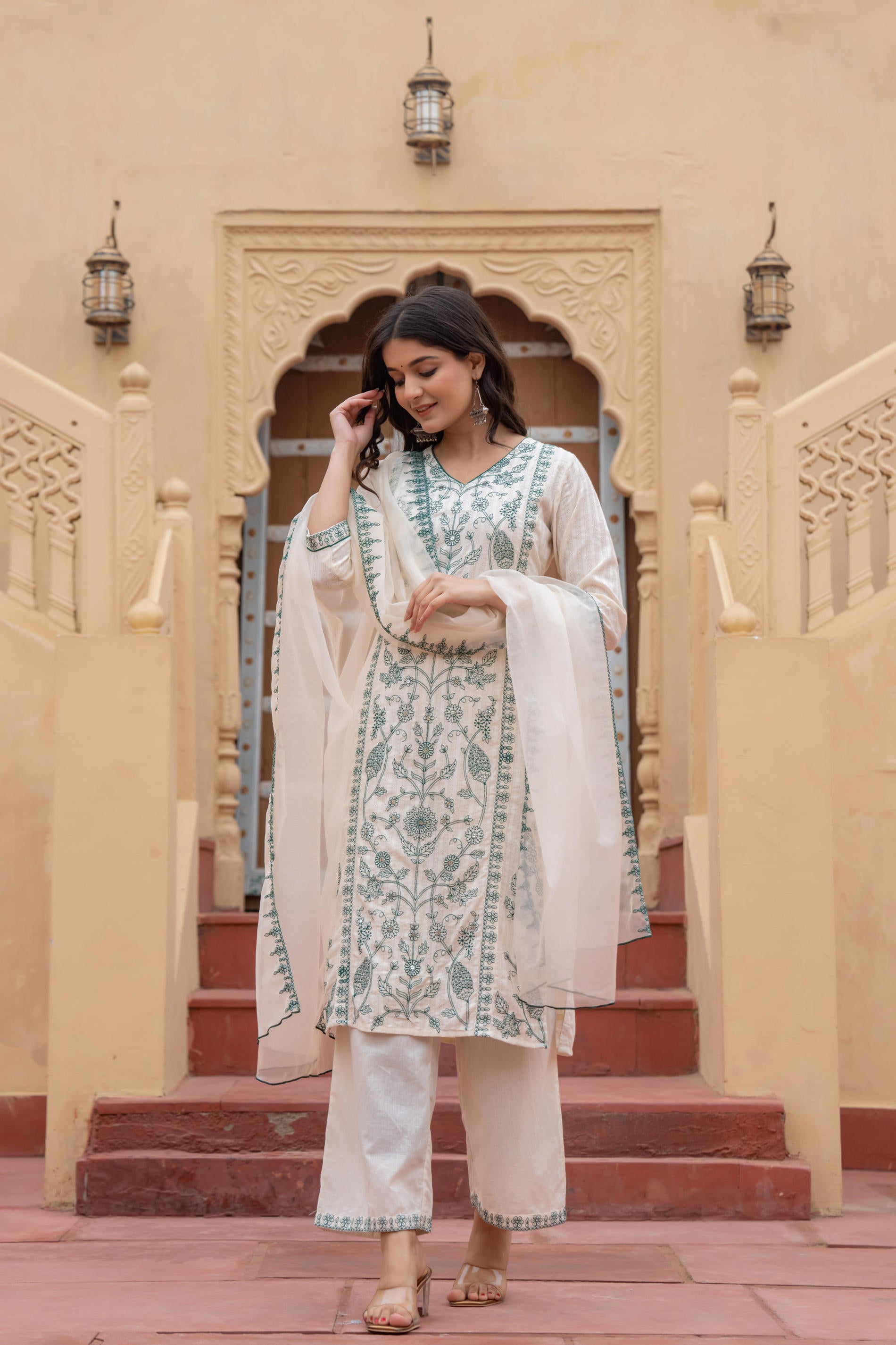 Off White & Green Floral Embroidered Ethnic Suit Set with Dupatta