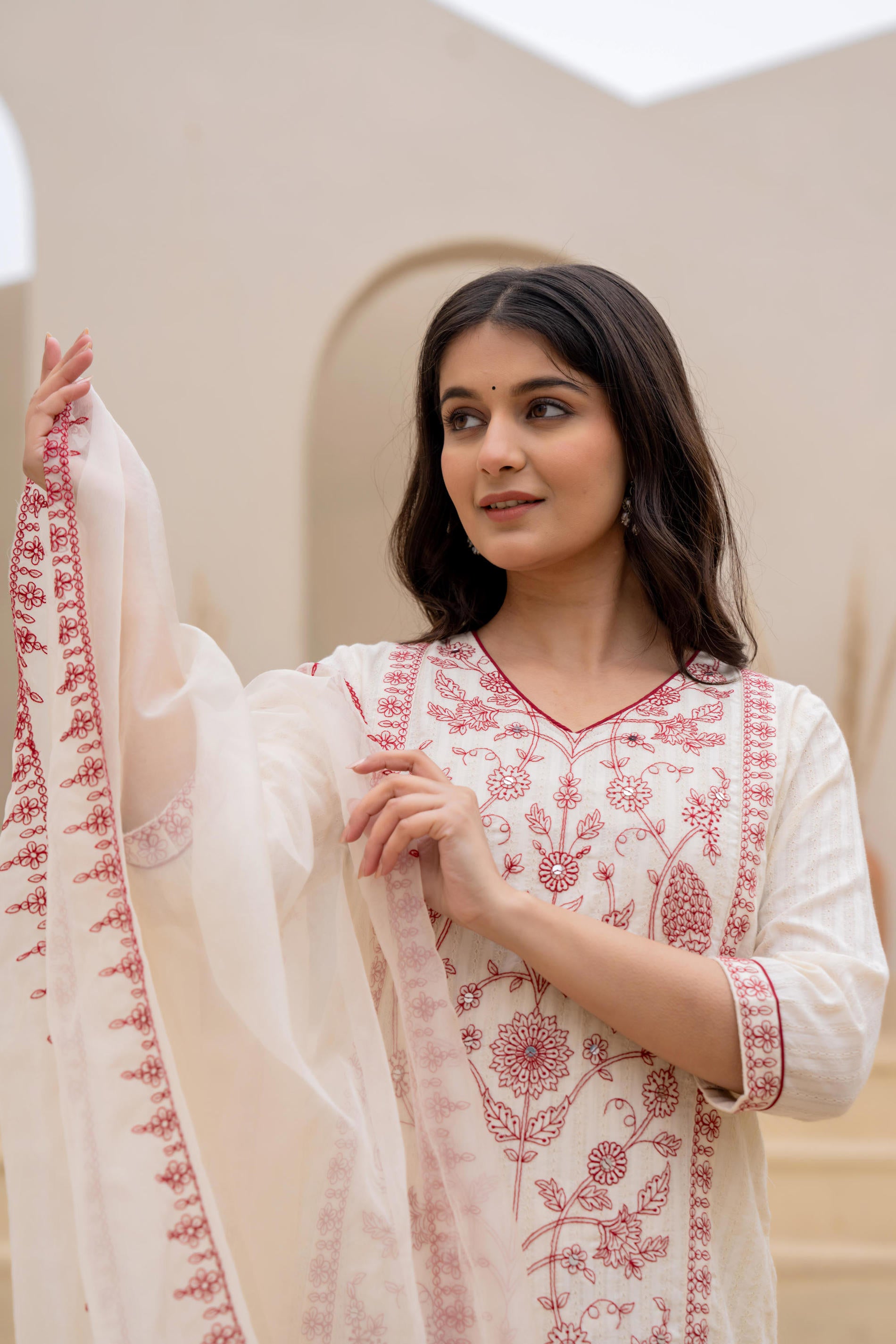 Off White & Red Floral Embroidered Ethnic Suit Set with Dupatta