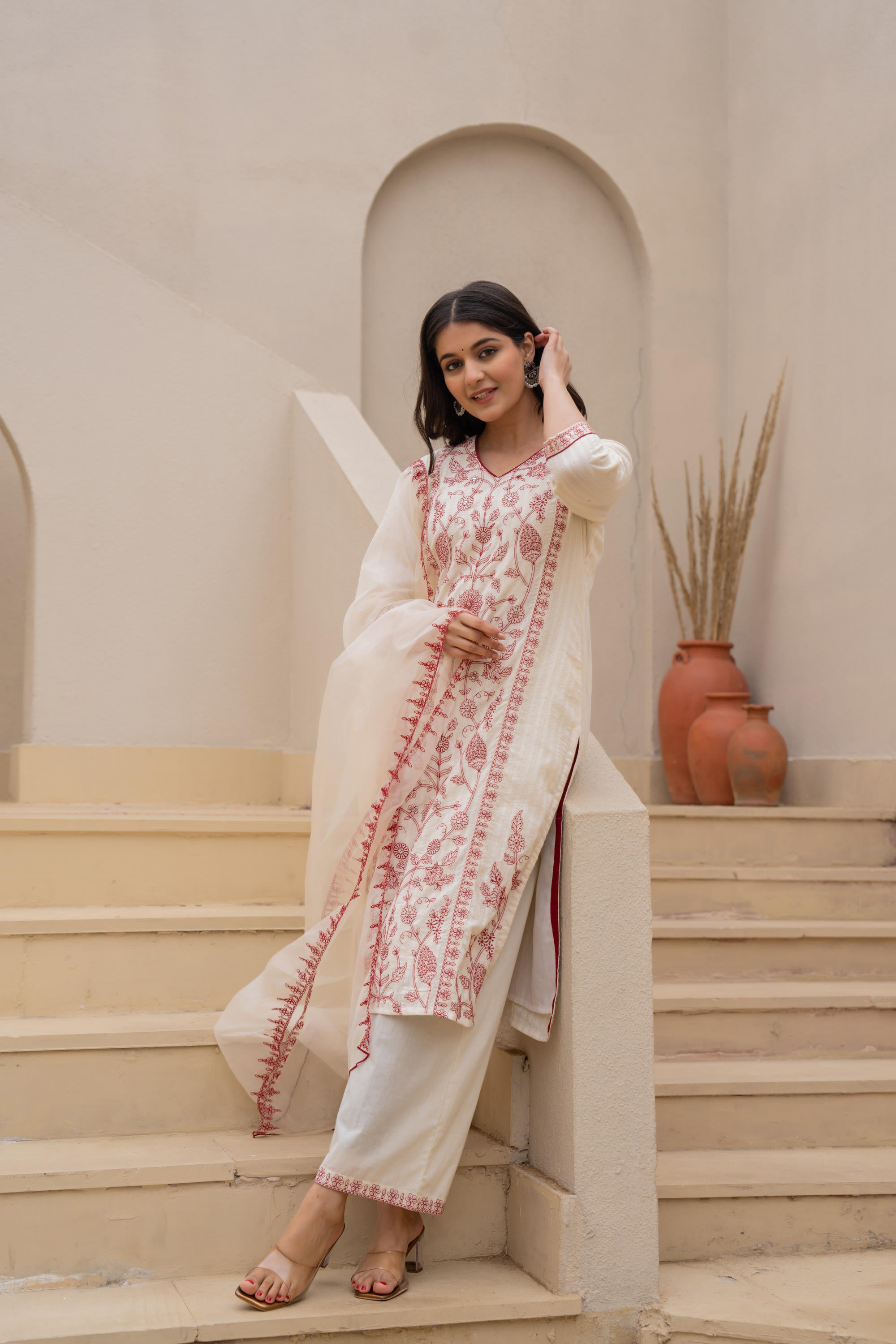 Off White & Red Floral Embroidered Ethnic Suit Set with Dupatta