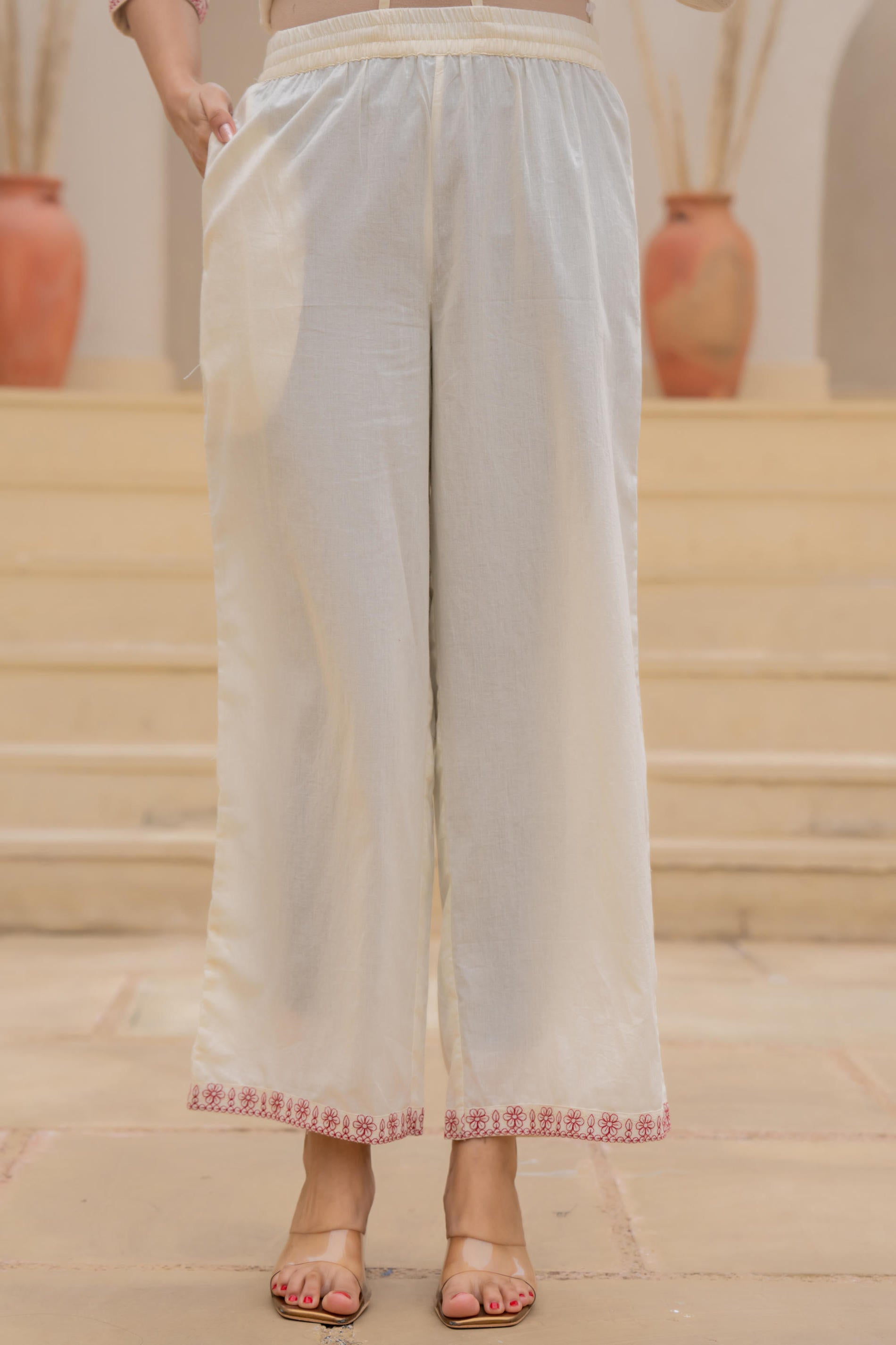 Off White & Red Floral Embroidered Ethnic Suit Set with Dupatta