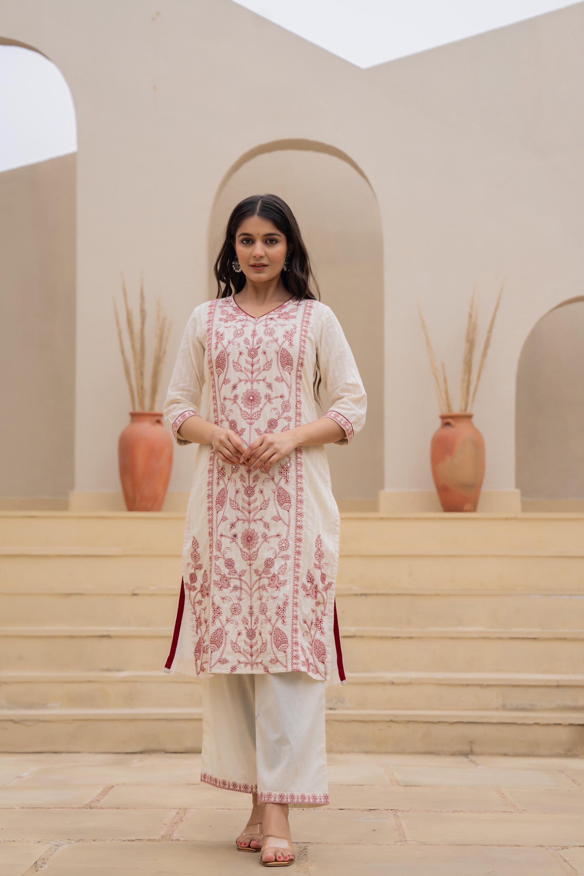 Off White & Red Floral Embroidered Ethnic Suit Set with Dupatta