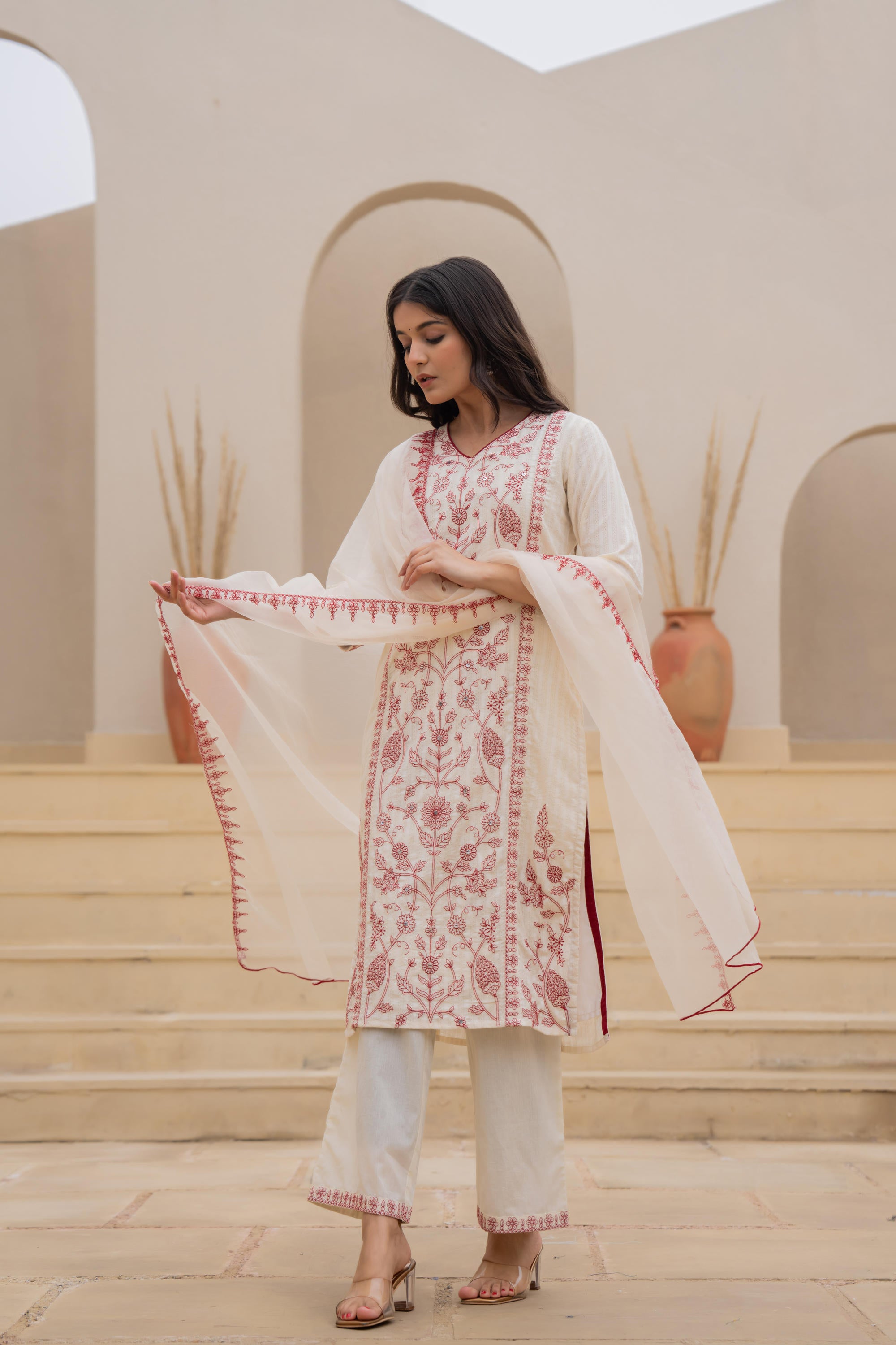 Off White & Red Floral Embroidered Ethnic Suit Set with Dupatta
