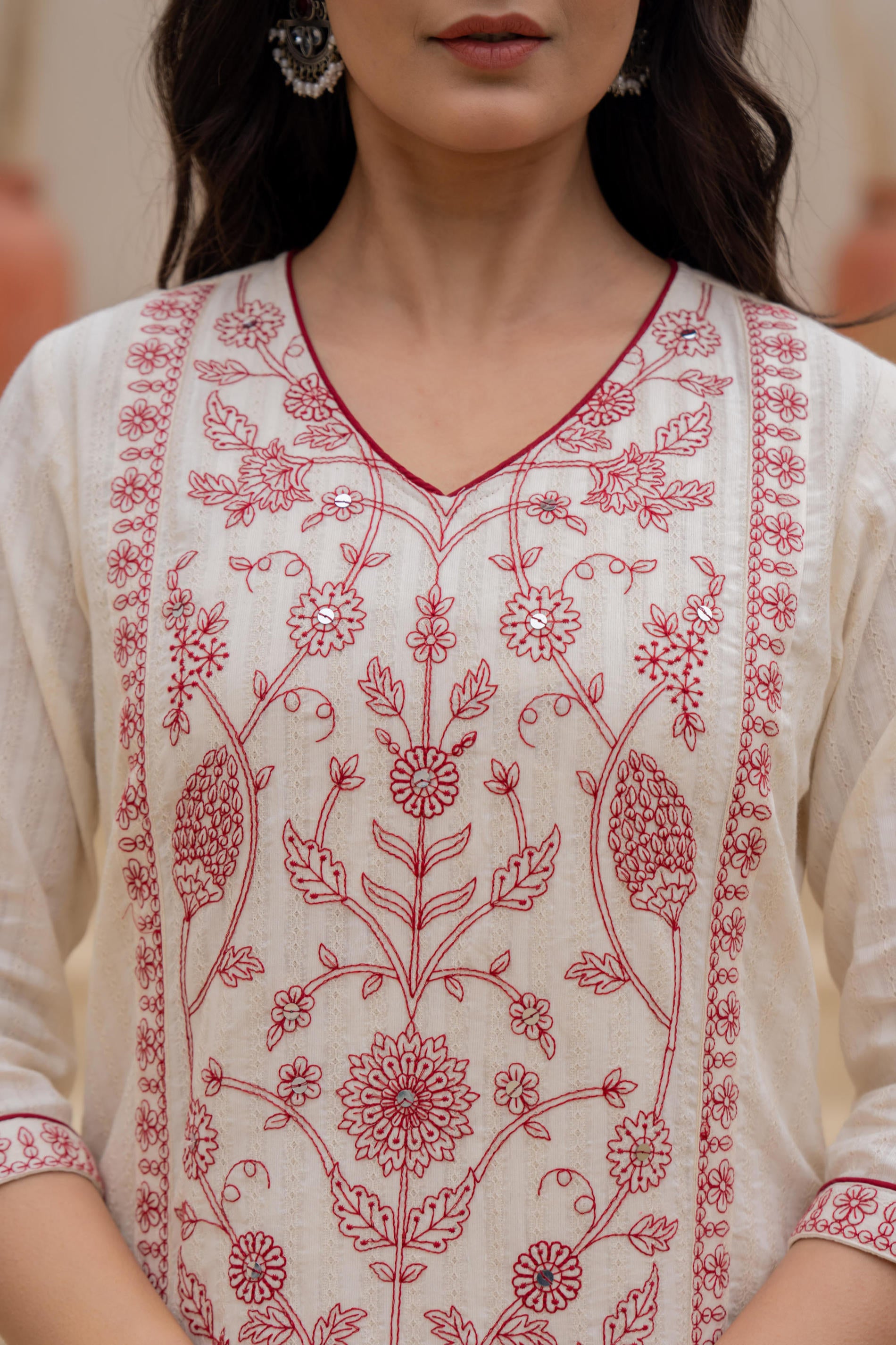 Off White & Red Floral Embroidered Ethnic Suit Set with Dupatta