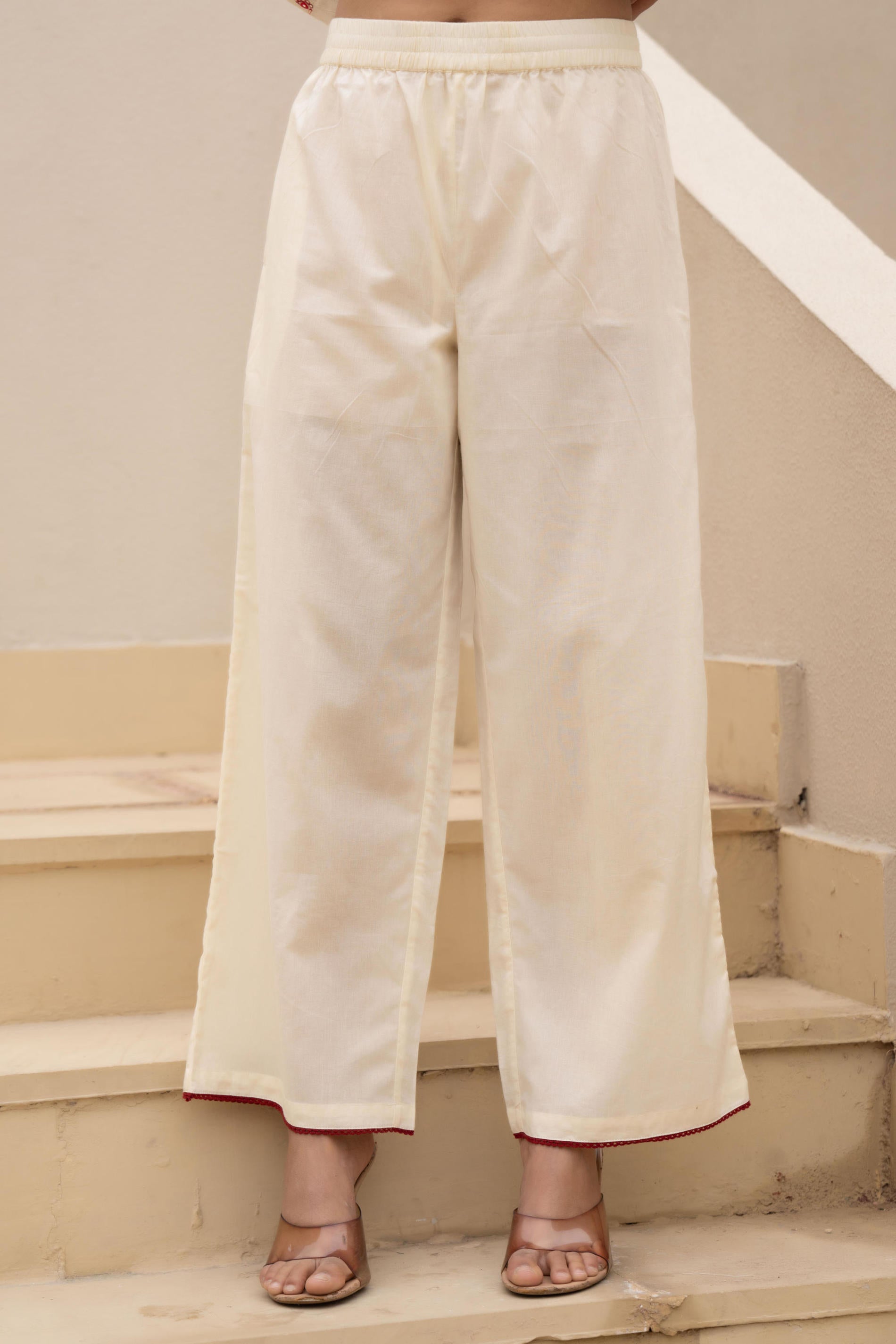 Off White & Red Solid Cotton Kurta Pant & Shrug With Thread Work