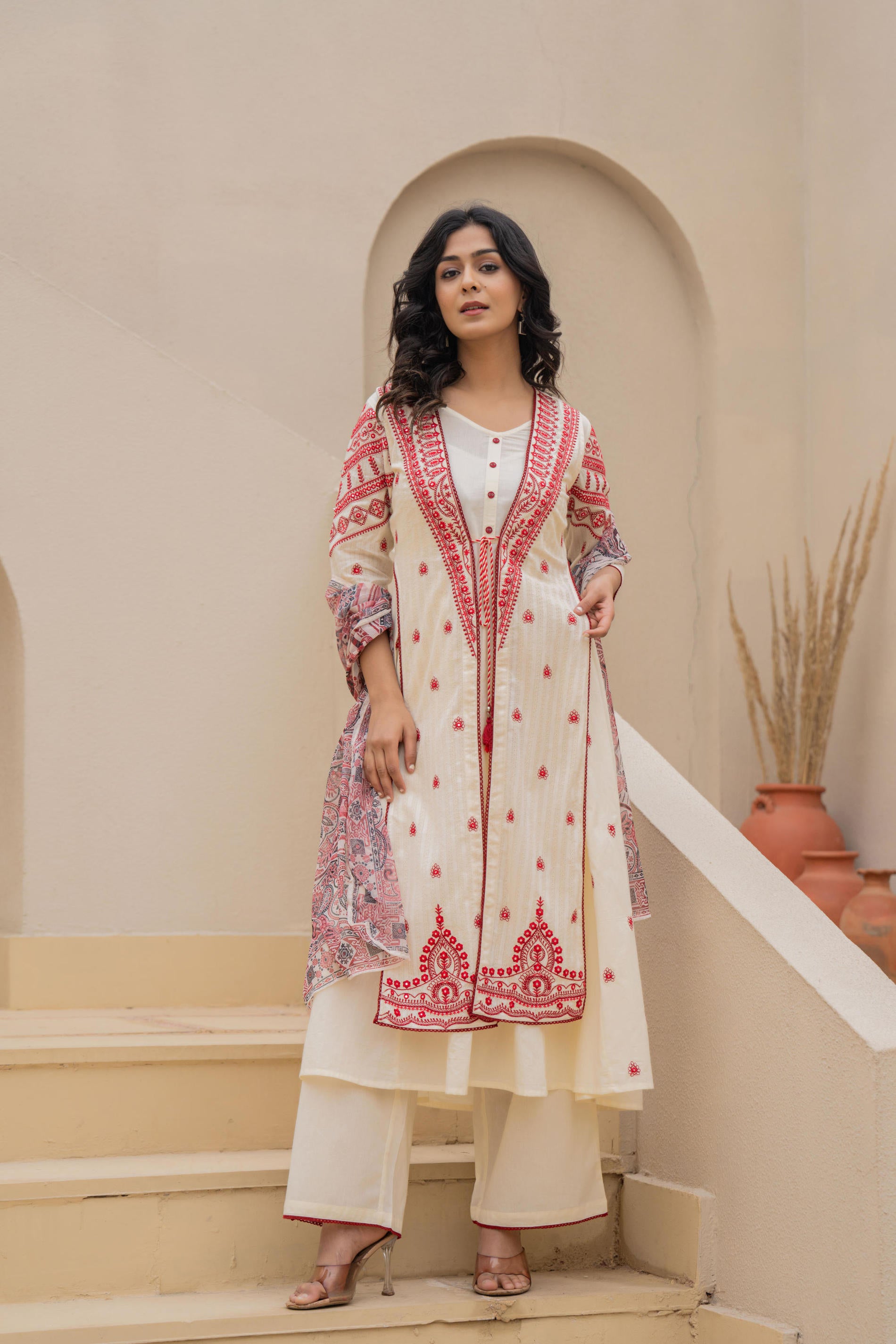 Off White & Red Solid Cotton Kurta Pant & Shrug With Thread Work