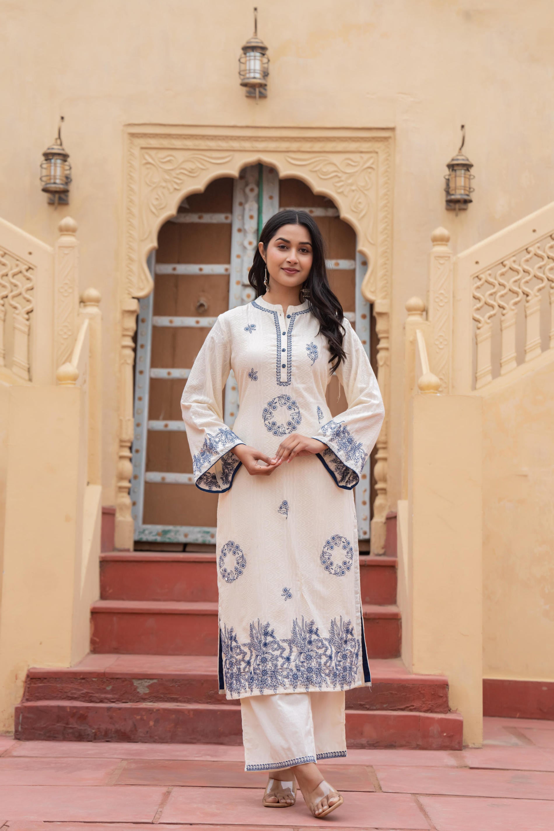 Off White & Navy Blue Embroidered Straight Kurta Set with Contrast Detailing