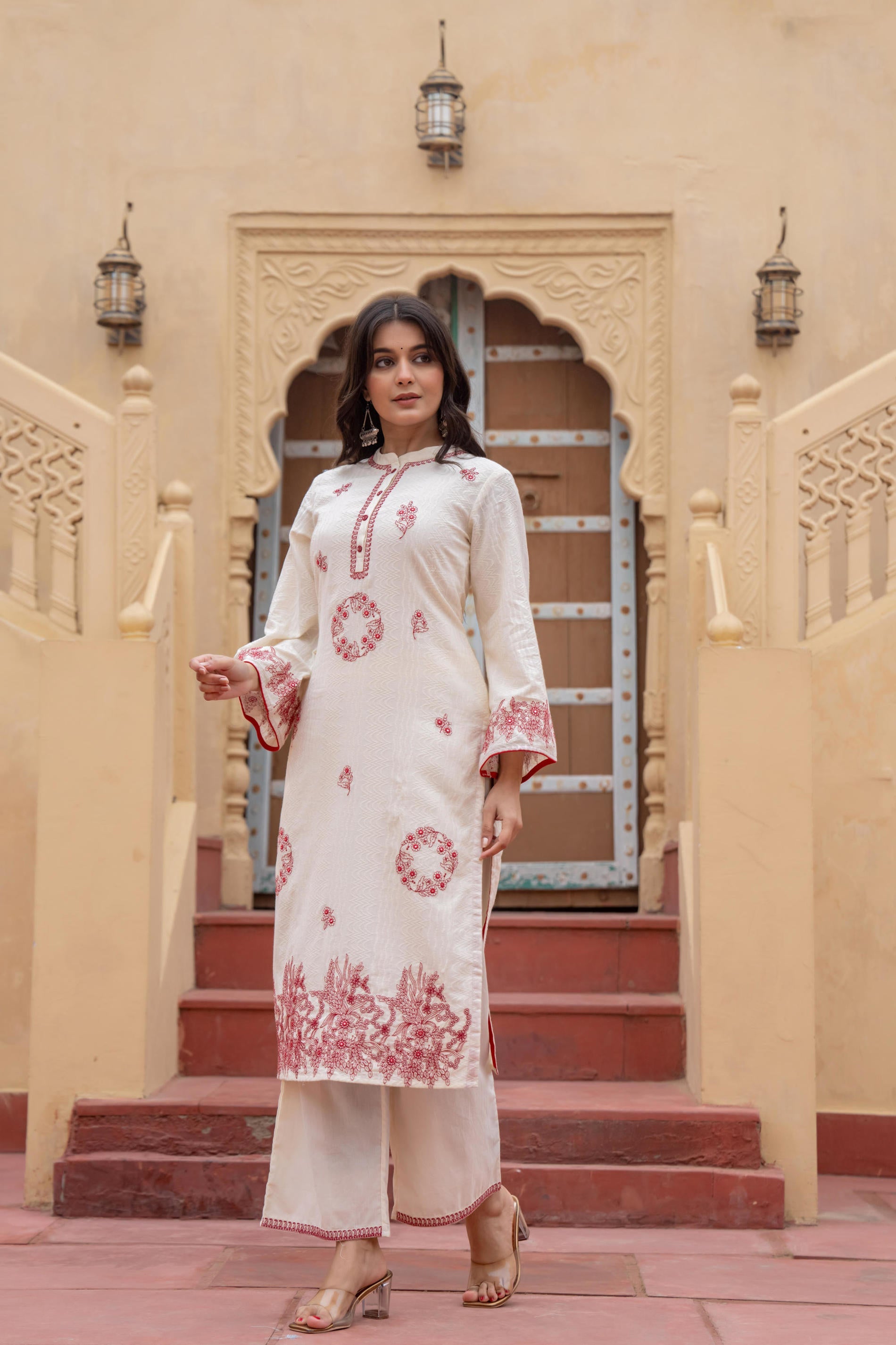 Off White & Red Embroidered Straight Kurta Set with Contrast Detailing
