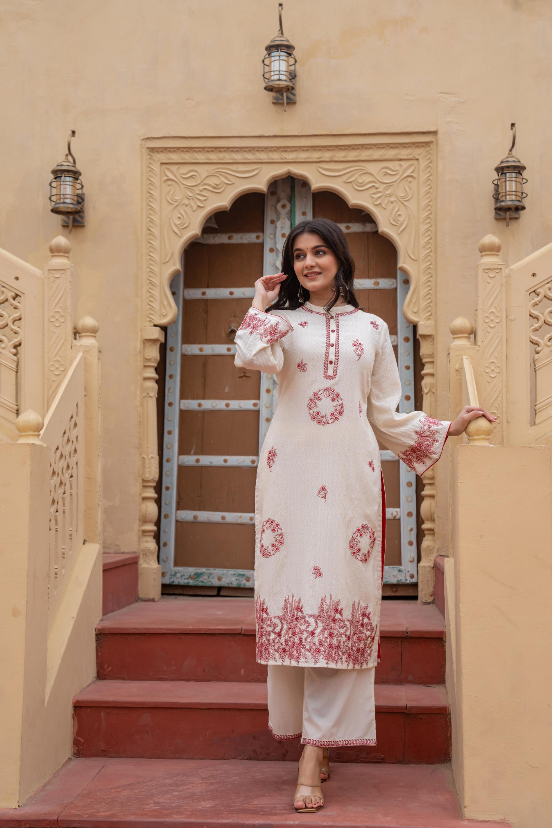 Off White & Red Embroidered Straight Kurta Set with Contrast Detailing