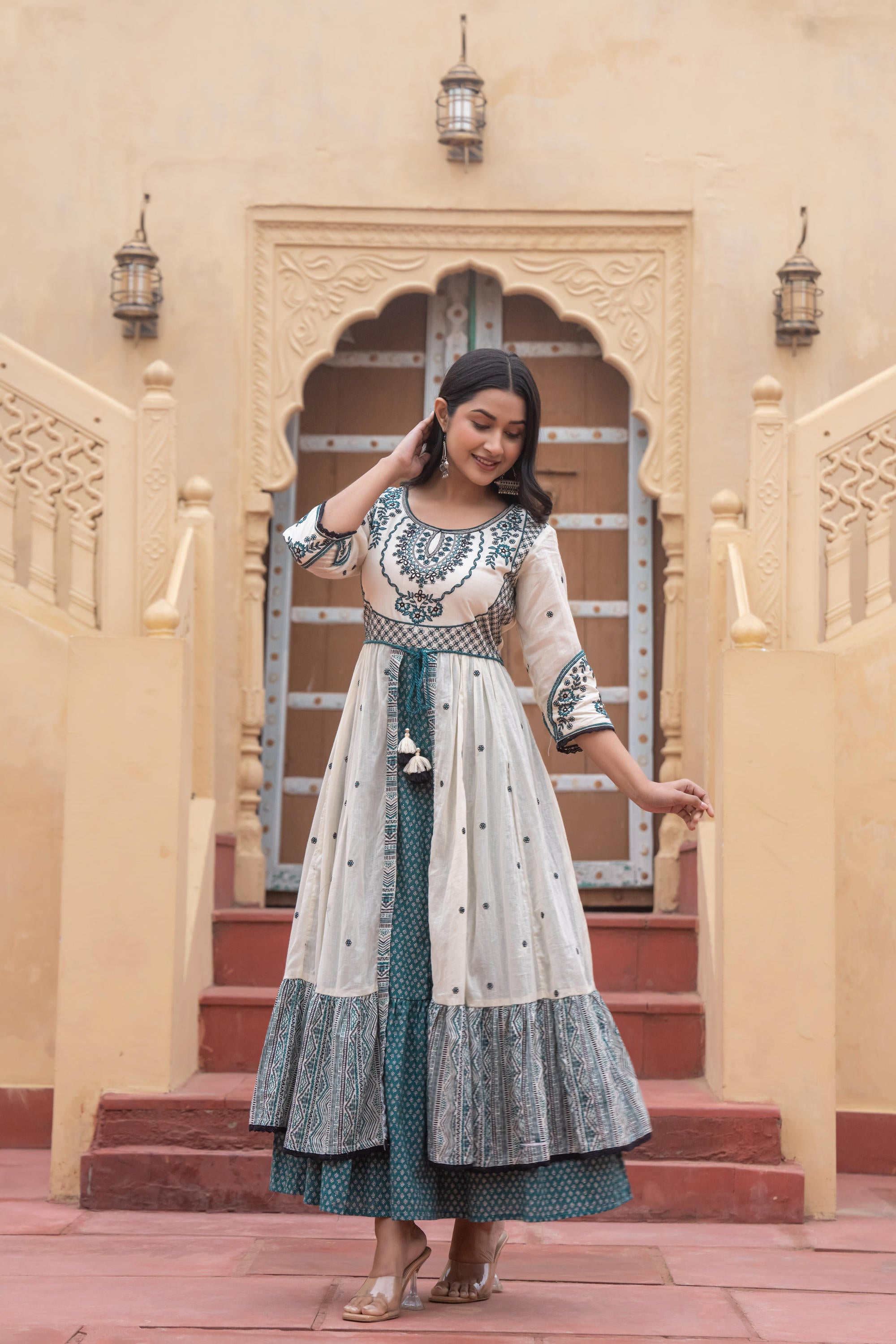 Off White & Teal Green Embroidered Tiered Ethnic Dress with Inner Layer
