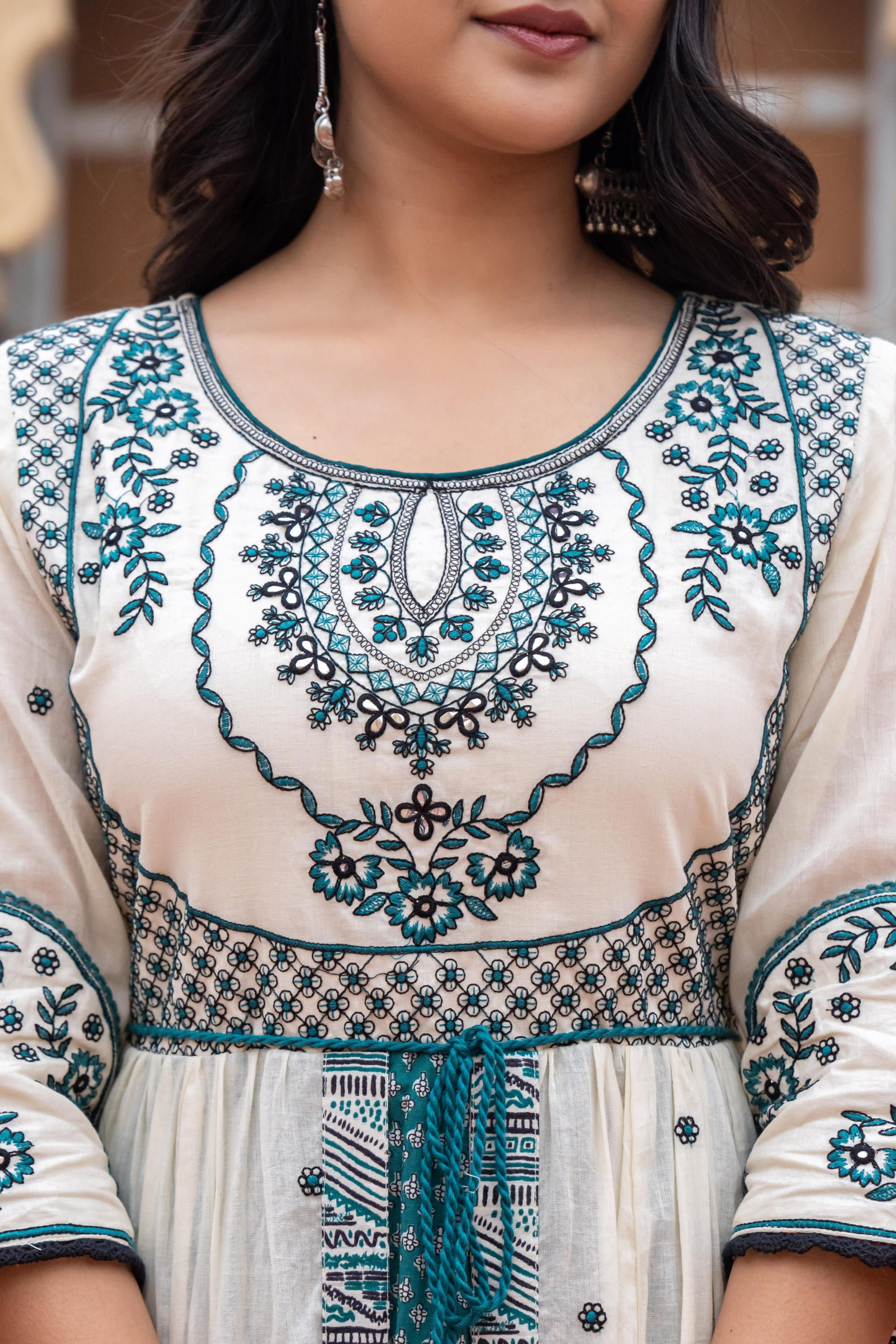 Off White & Teal Green Embroidered Tiered Ethnic Dress with Inner Layer