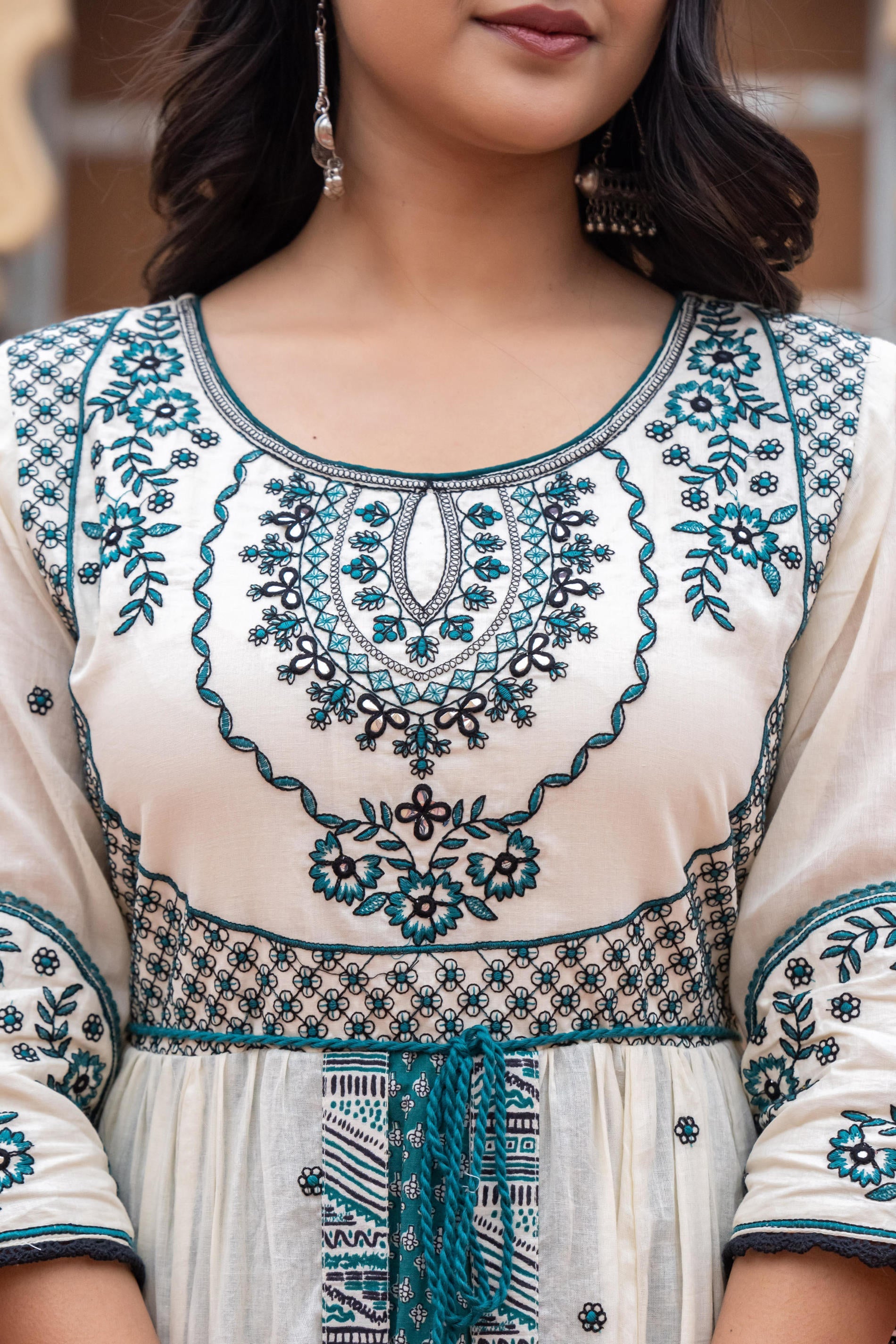 Off White & Teal Green Embroidered Tiered Ethnic Dress with Inner Layer