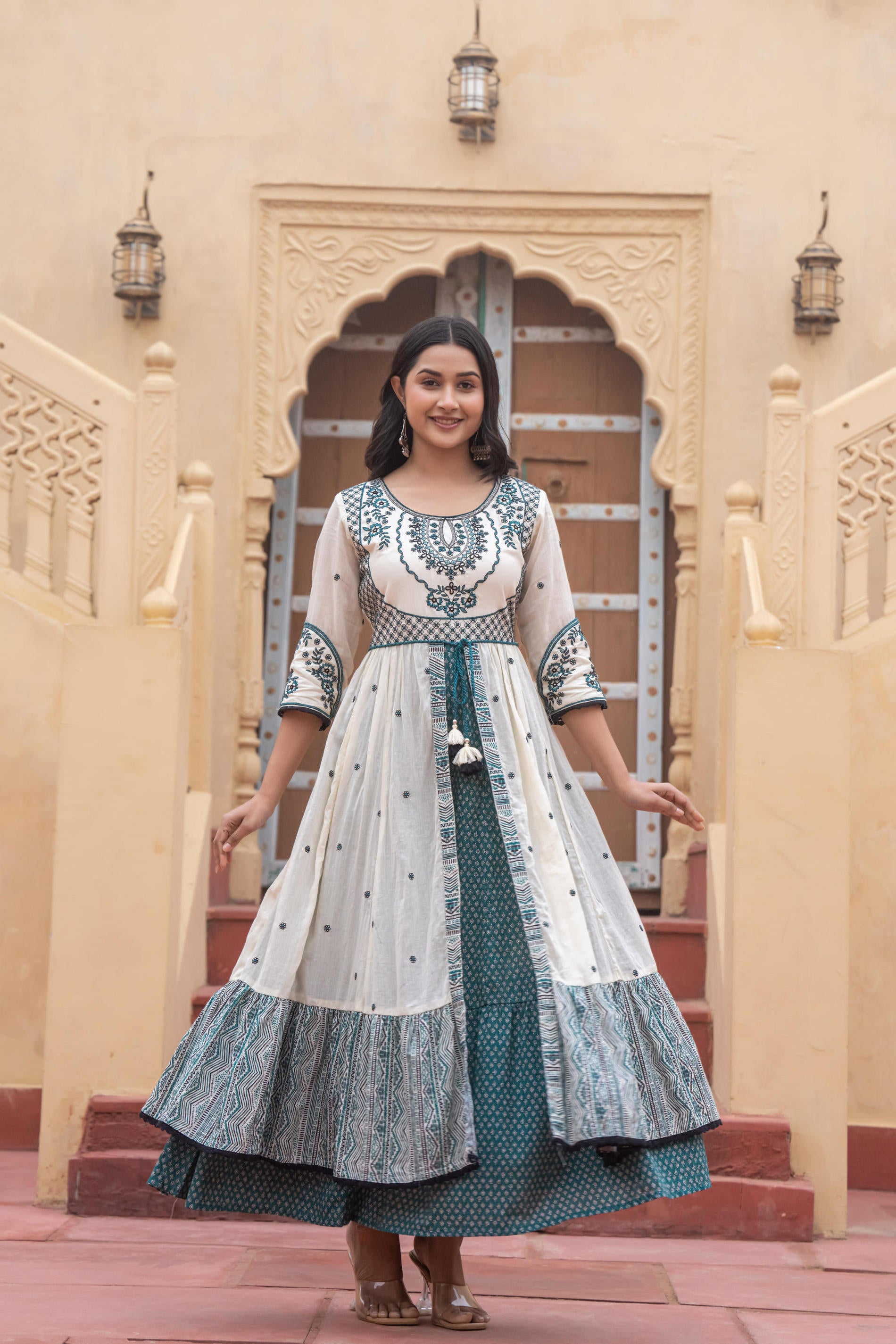 Off White & Teal Green Embroidered Tiered Ethnic Dress with Inner Layer
