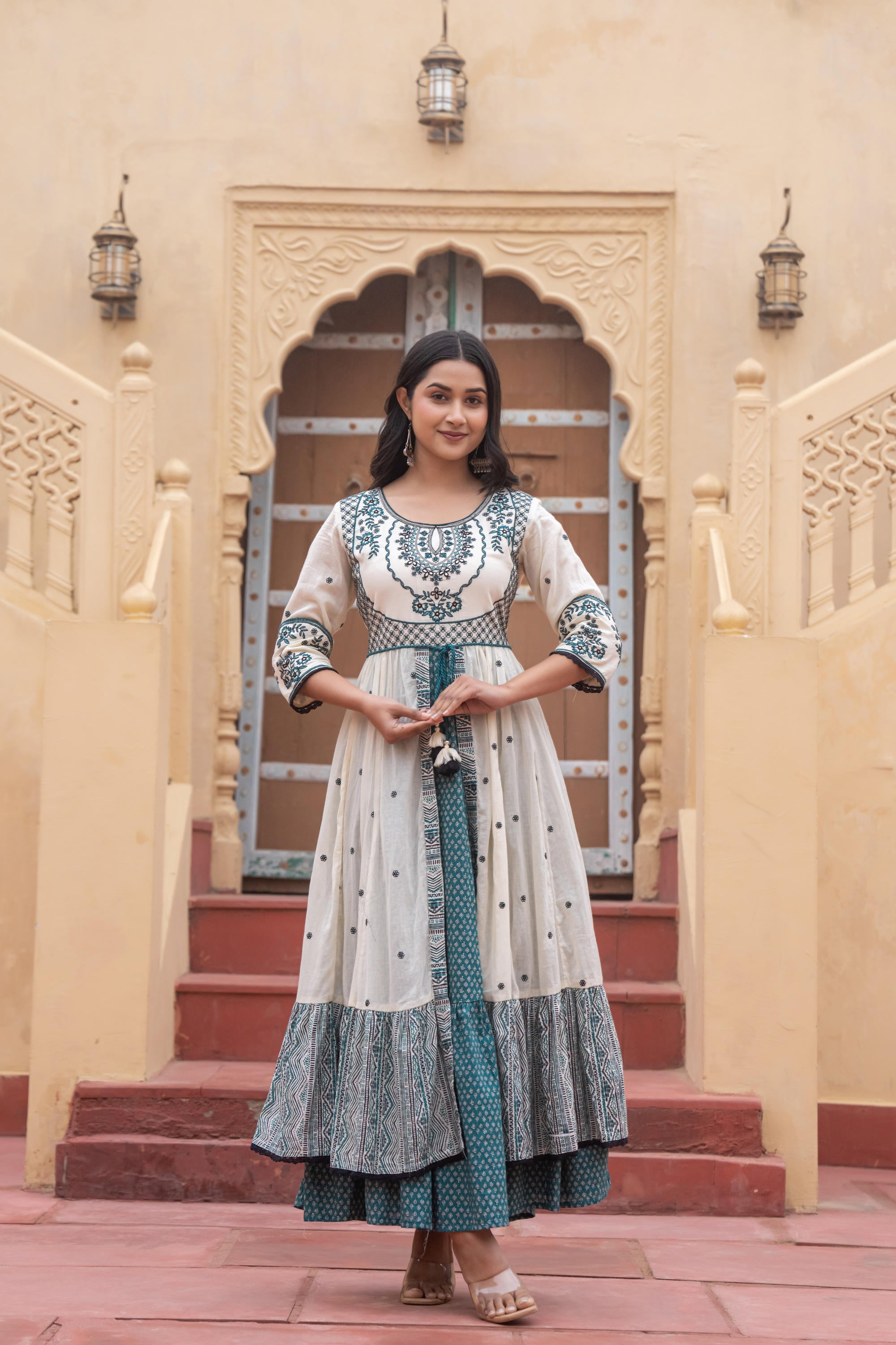 Off White & Teal Green Embroidered Tiered Ethnic Dress with Inner Layer