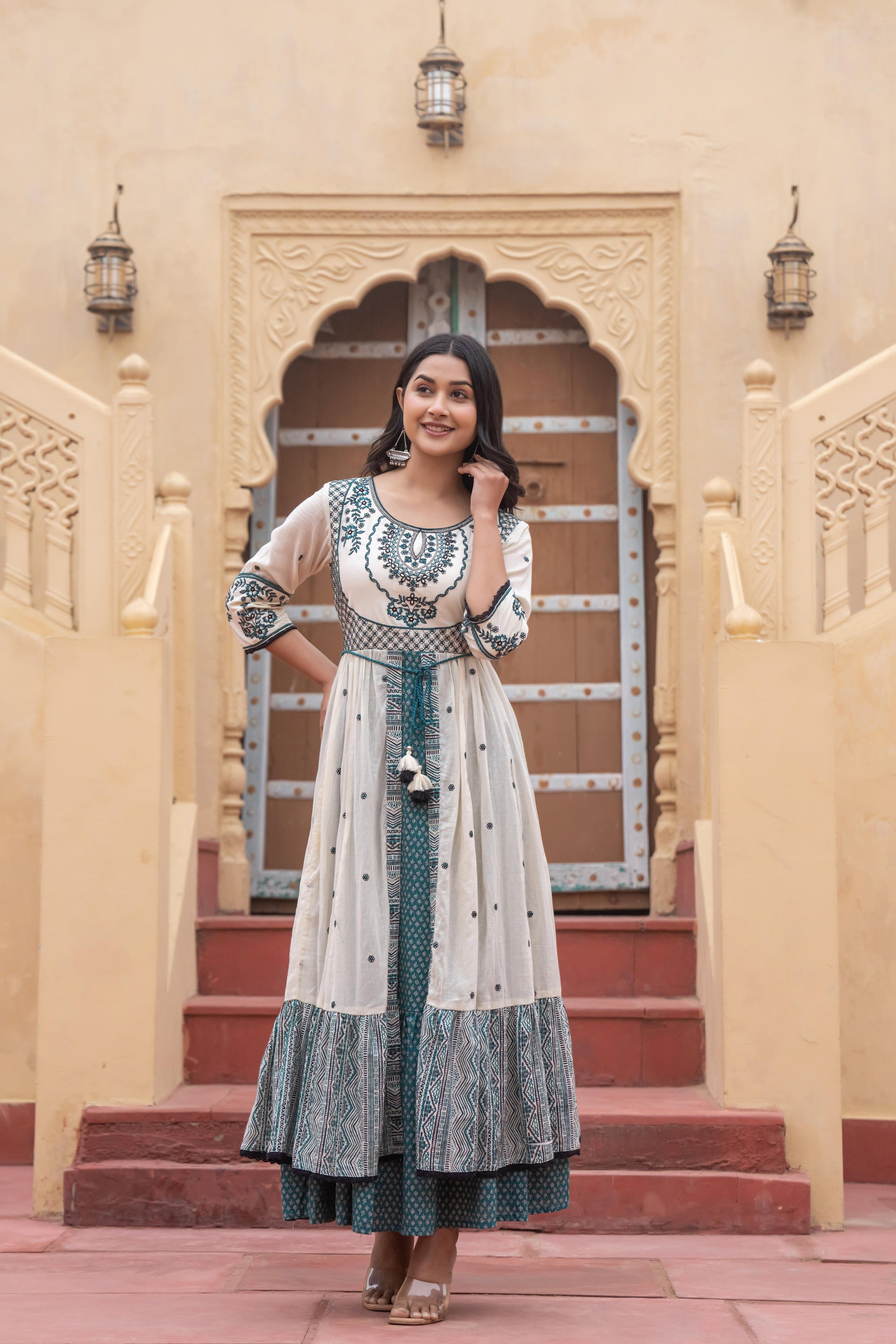 Off White & Teal Green Embroidered Tiered Ethnic Dress with Inner Layer