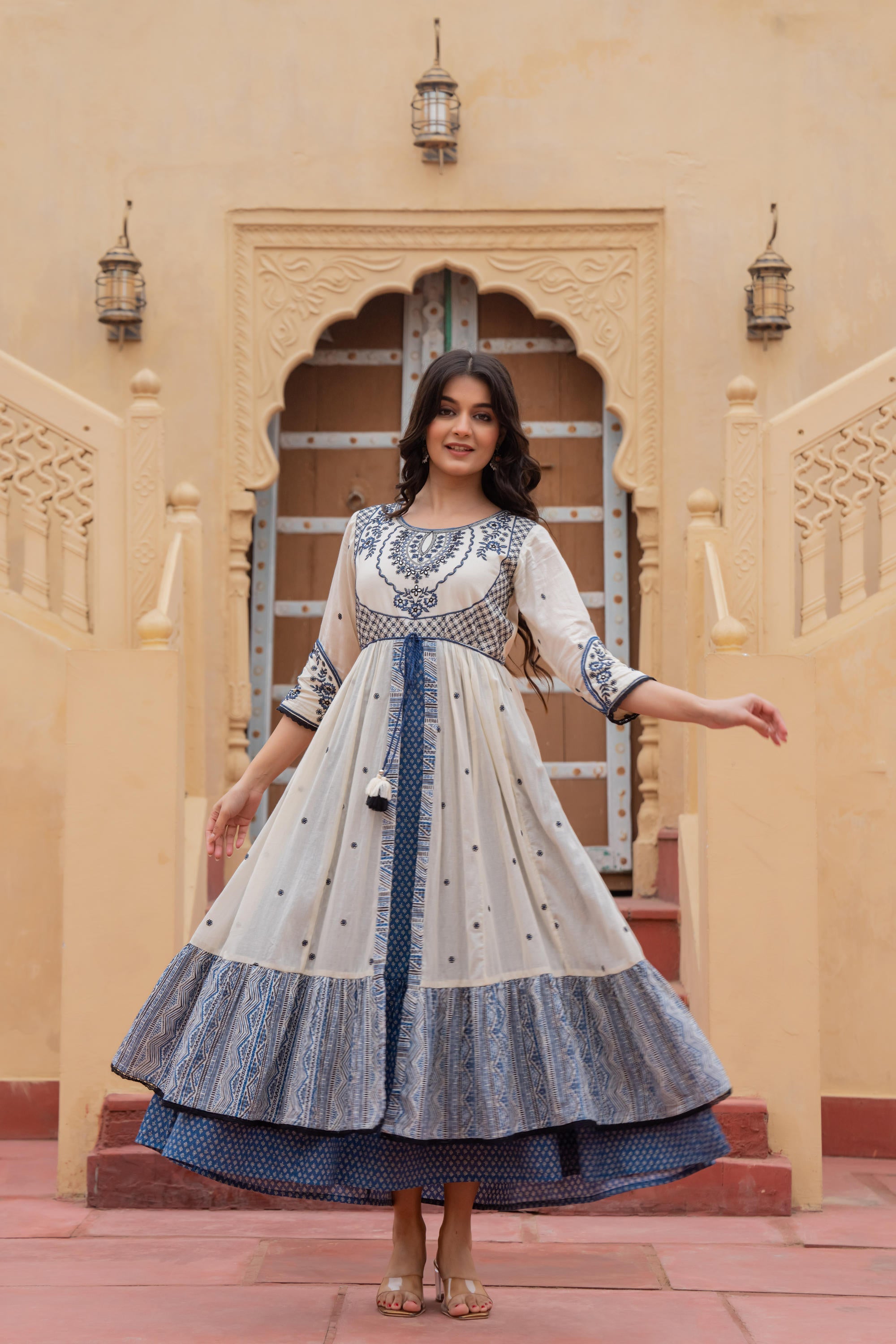 Off White & Indigo Embroidered Tiered Ethnic Dress with Inner Layer