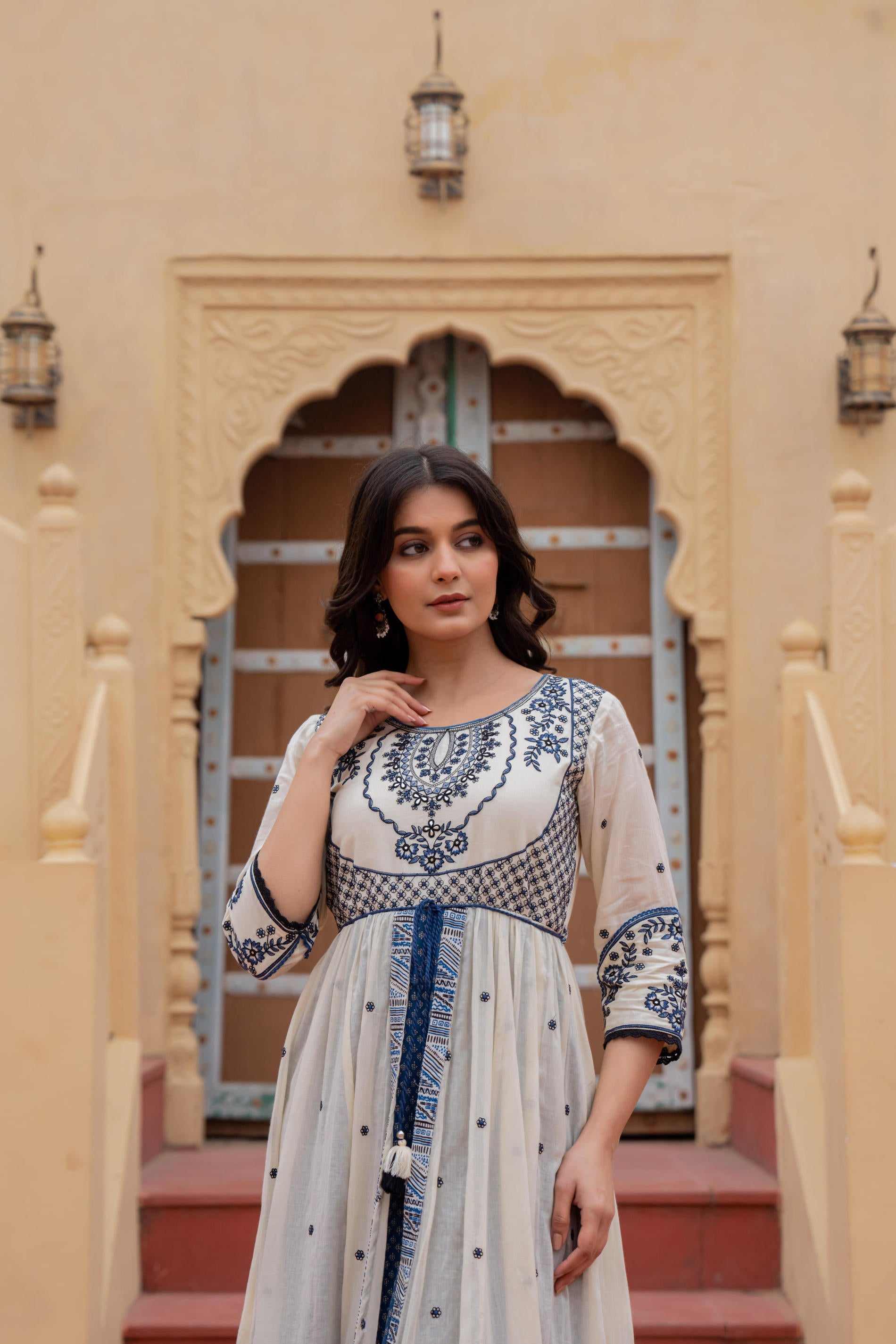 Off White & Indigo Embroidered Tiered Ethnic Dress with Inner Layer